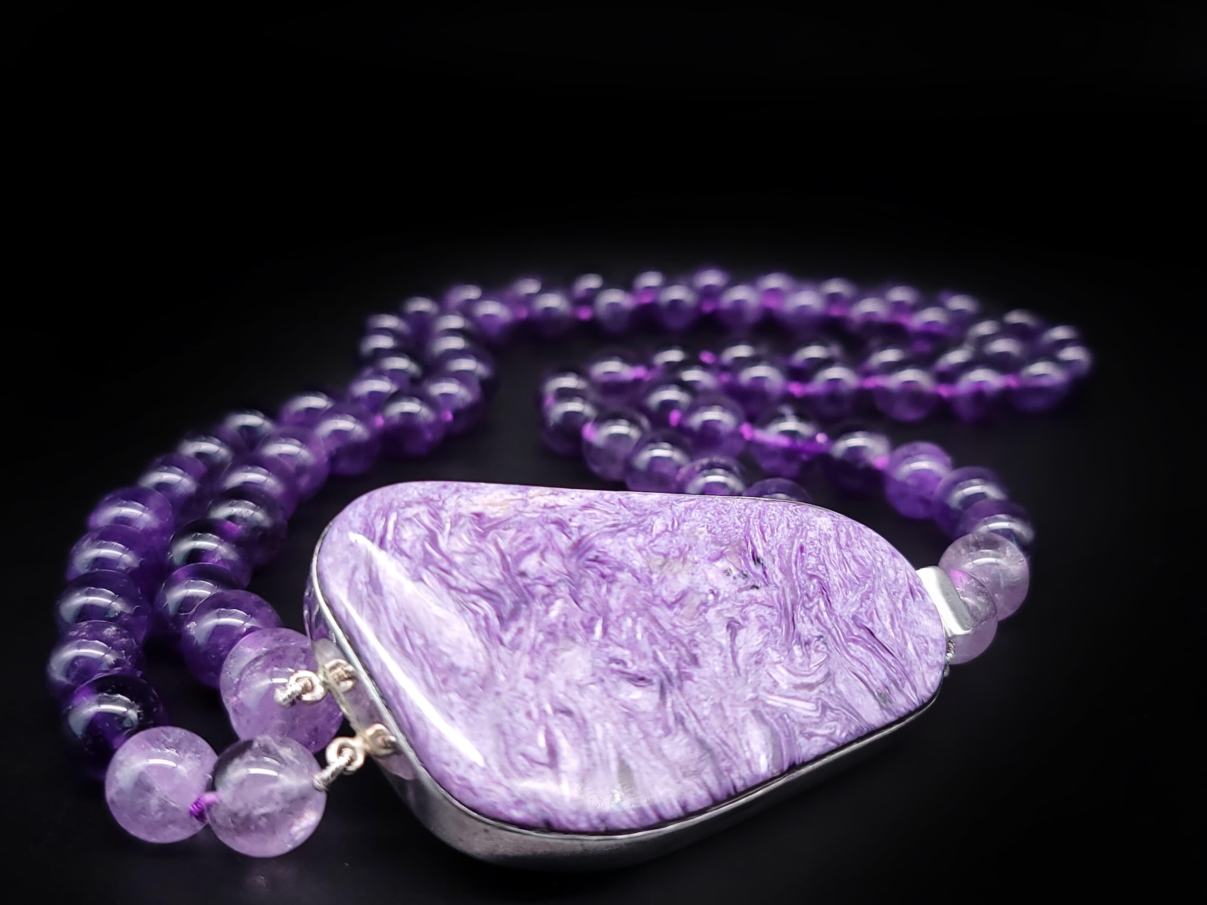 A.Jeschel 2 Strand Amethyst Necklace with a Spectacular Charoite Clasp. For Sale 5