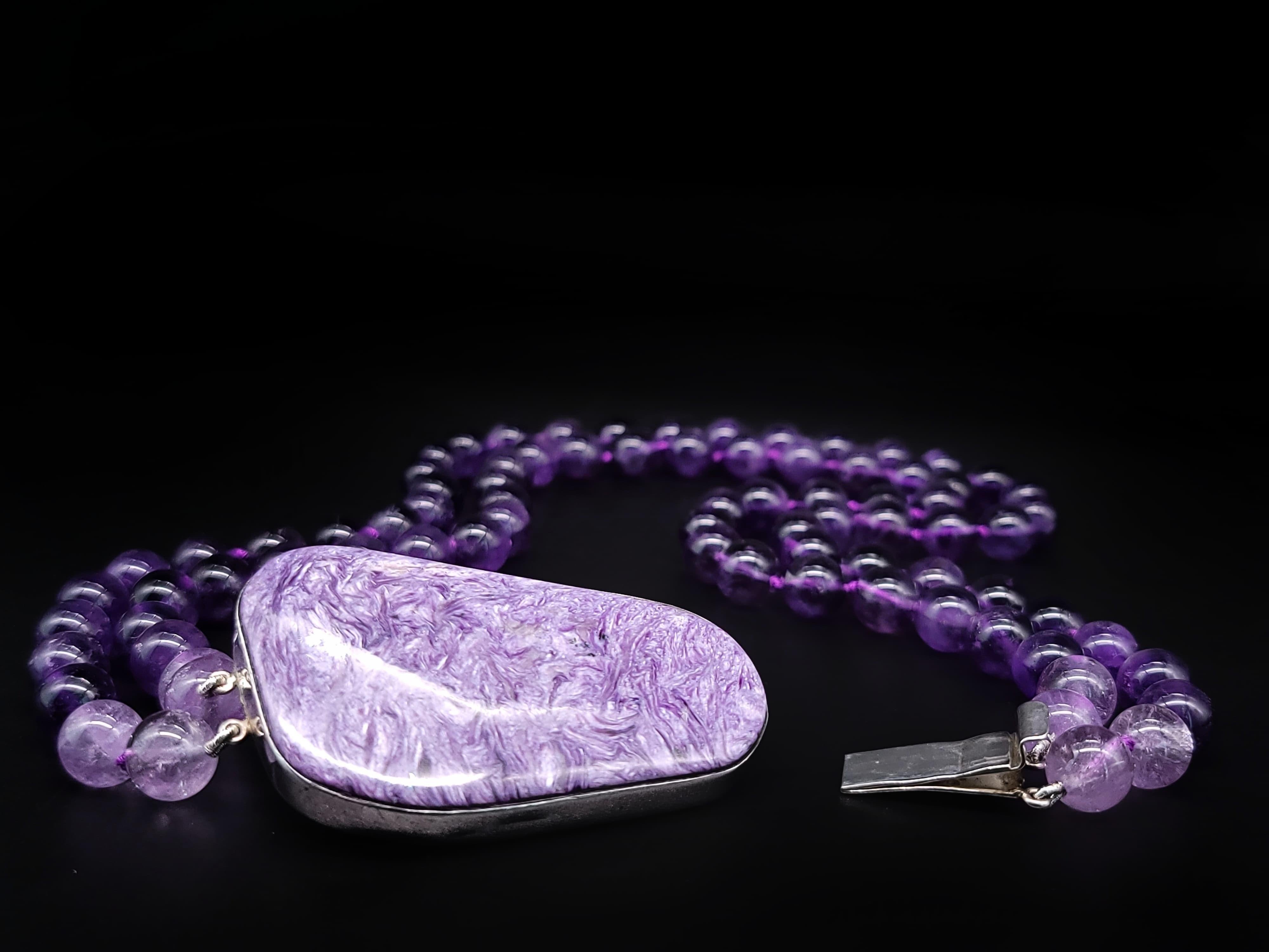 A.Jeschel 2 Strand Amethyst Necklace with a Spectacular Charoite Clasp. For Sale 2