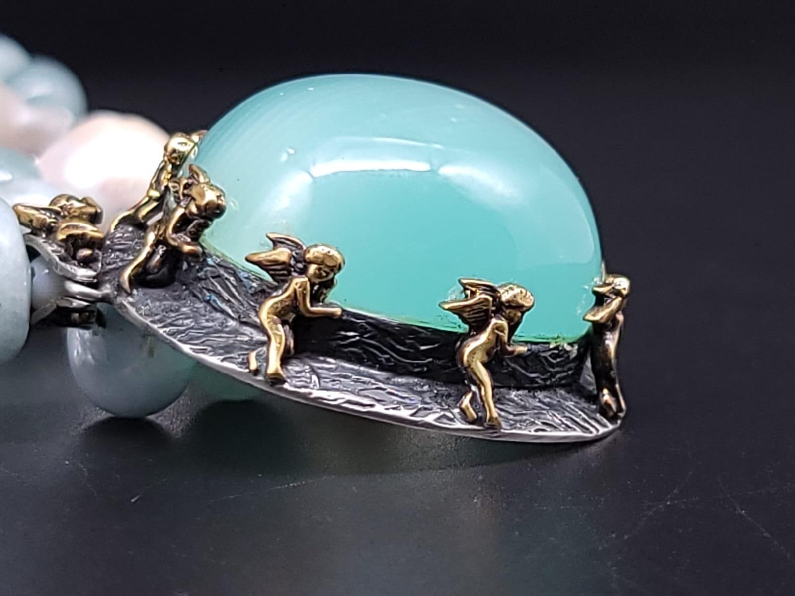 A.Jeschel Massive Aquamarine Pendant suspended from Baroque Pearl Necklace For Sale 2