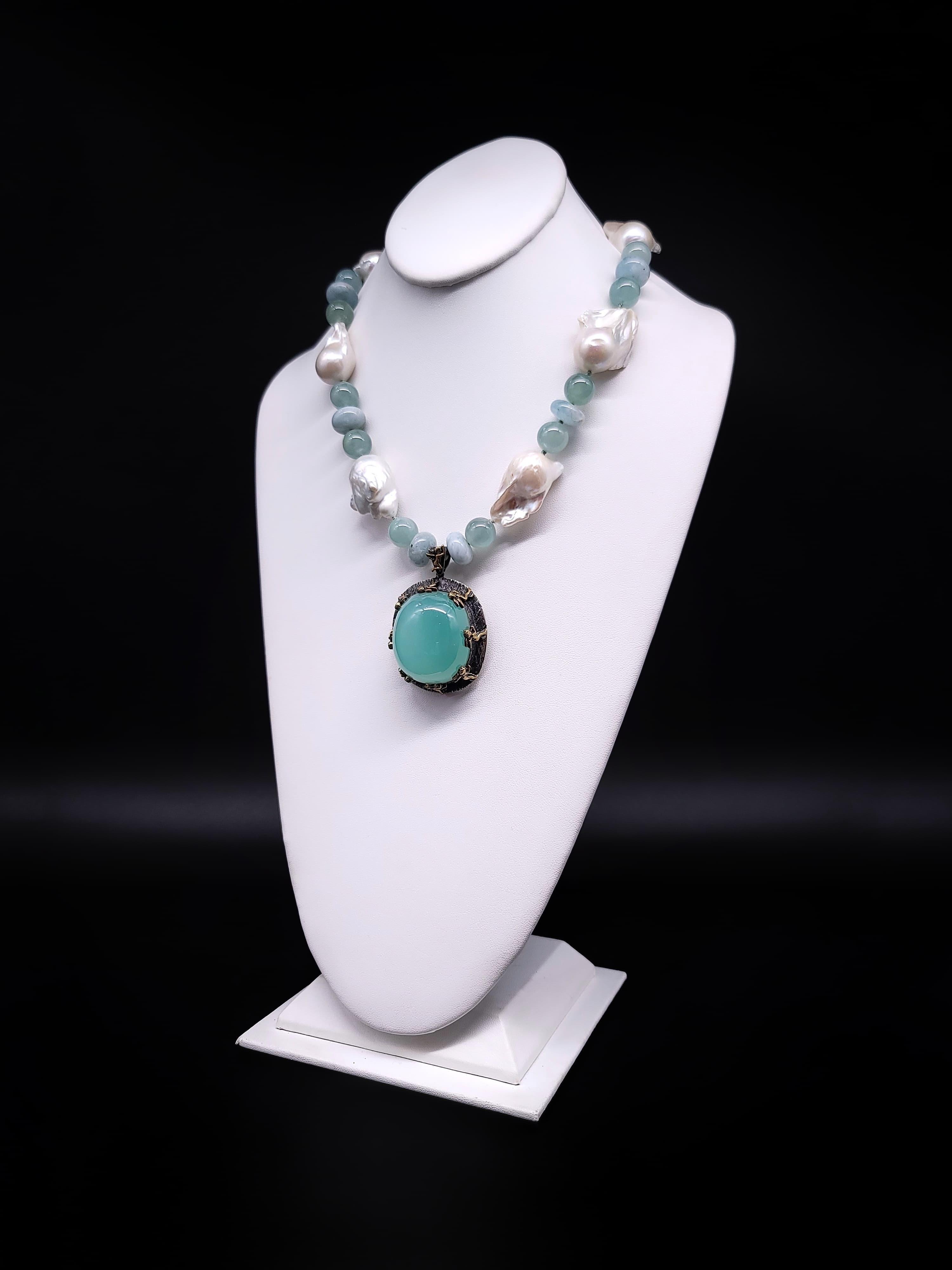 Contemporary A.Jeschel Massive Aquamarine Pendant suspended from Baroque Pearl Necklace For Sale
