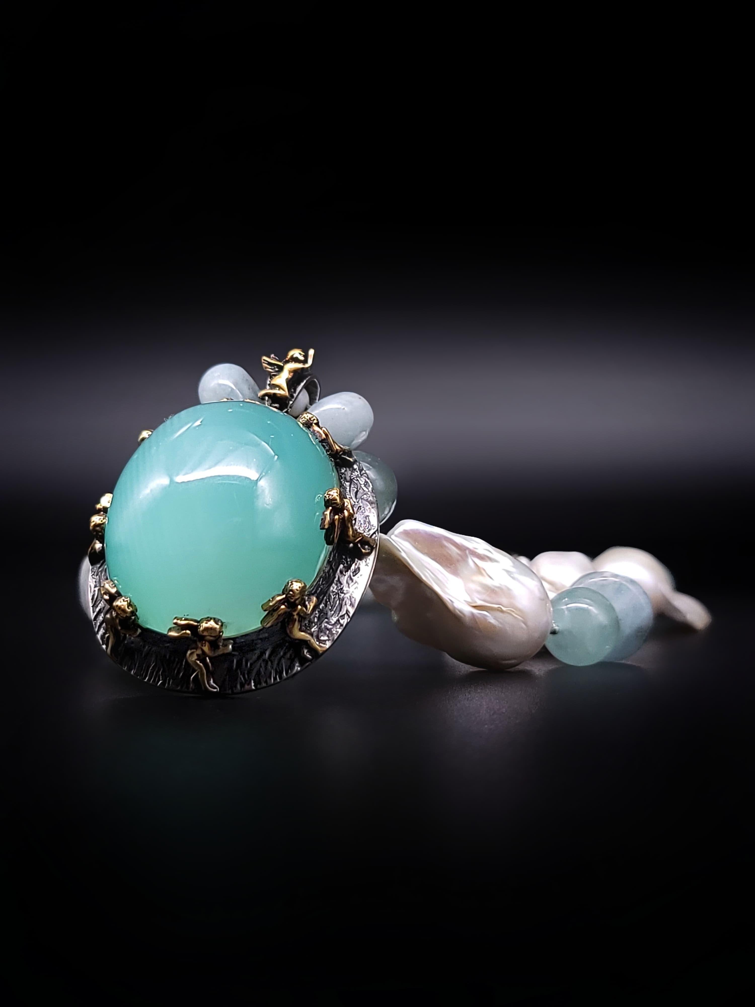 A.Jeschel Massive Aquamarine Pendant suspended from Baroque Pearl Necklace For Sale 7