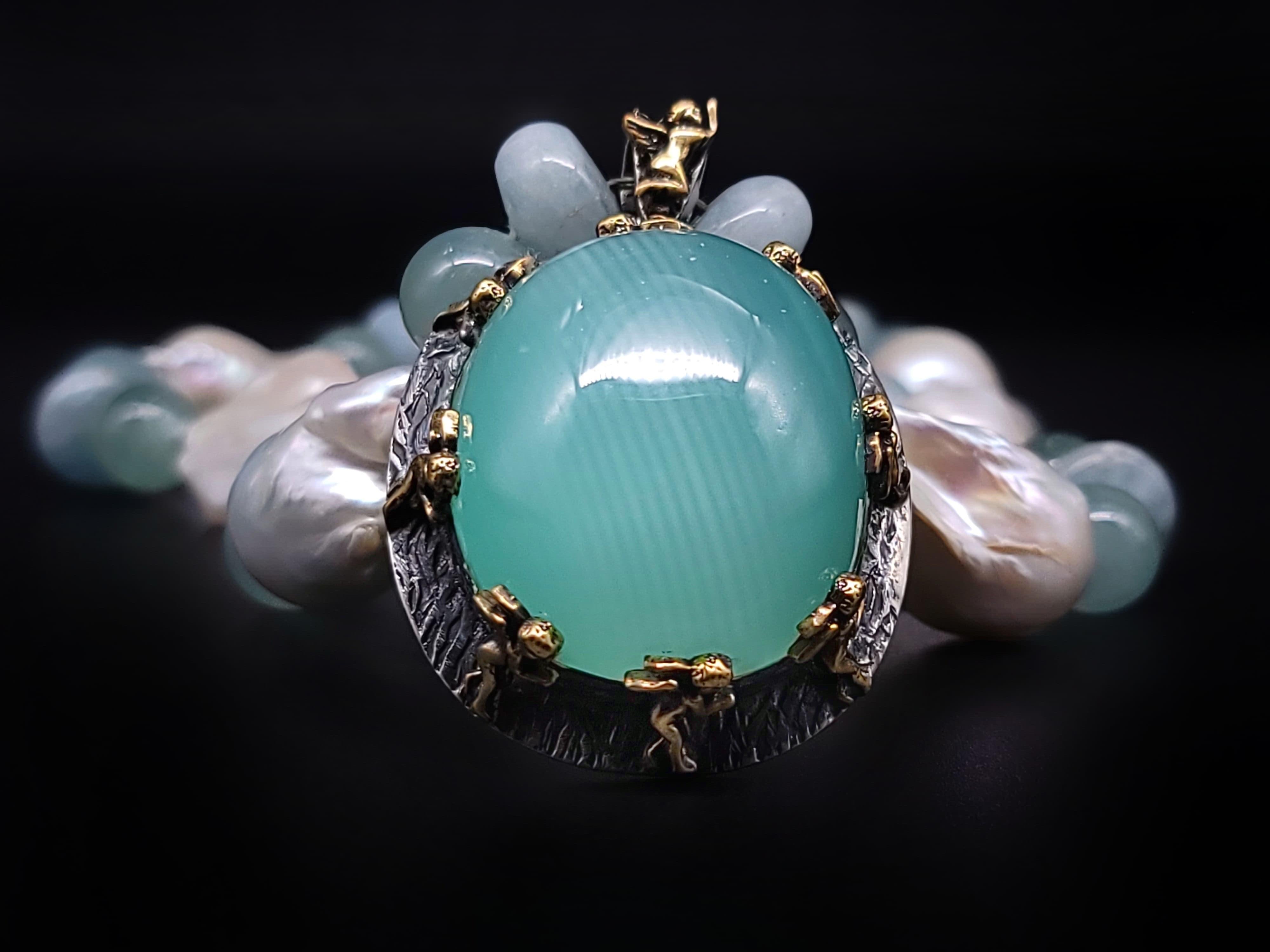 A.Jeschel Massive Aquamarine Pendant suspended from Baroque Pearl Necklace For Sale 8