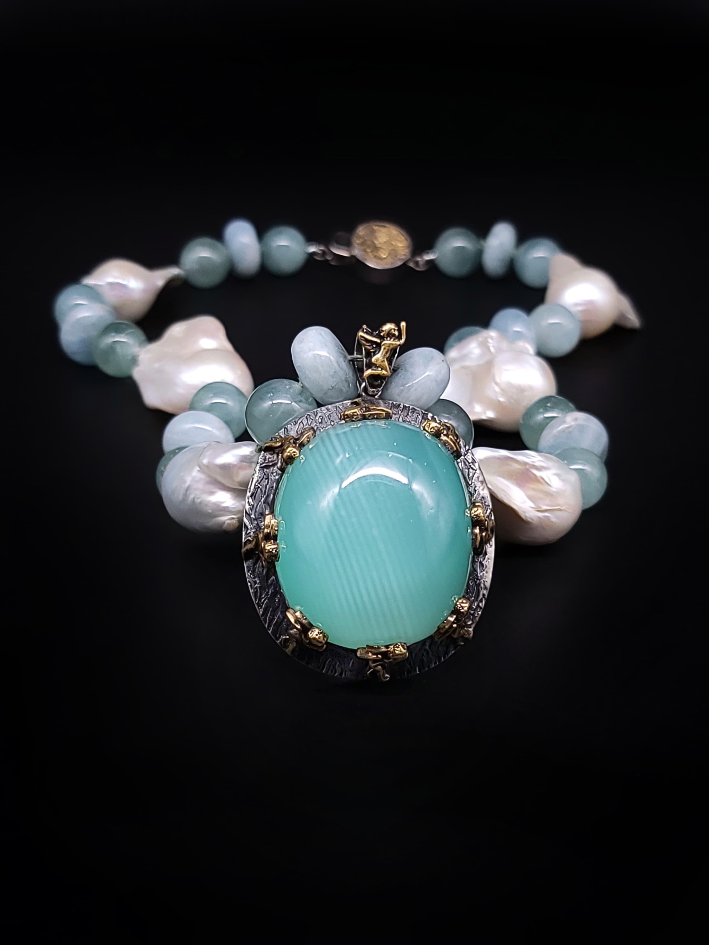 A.Jeschel Massive Aquamarine Pendant suspended from Baroque Pearl Necklace For Sale 9