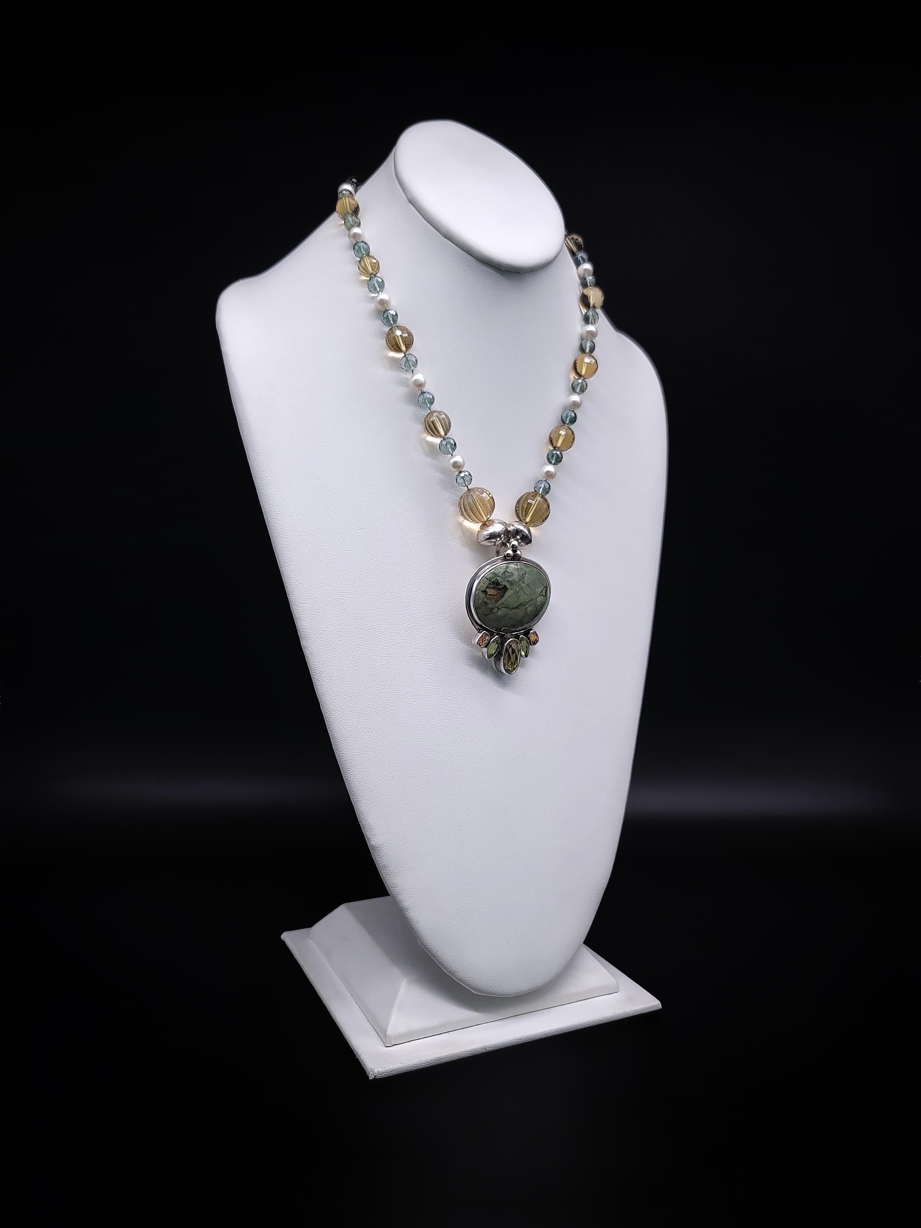 Bead A.Jeschel Fine Freswater Pearl, Quartz Necklace with Precious Jasper Pendant For Sale