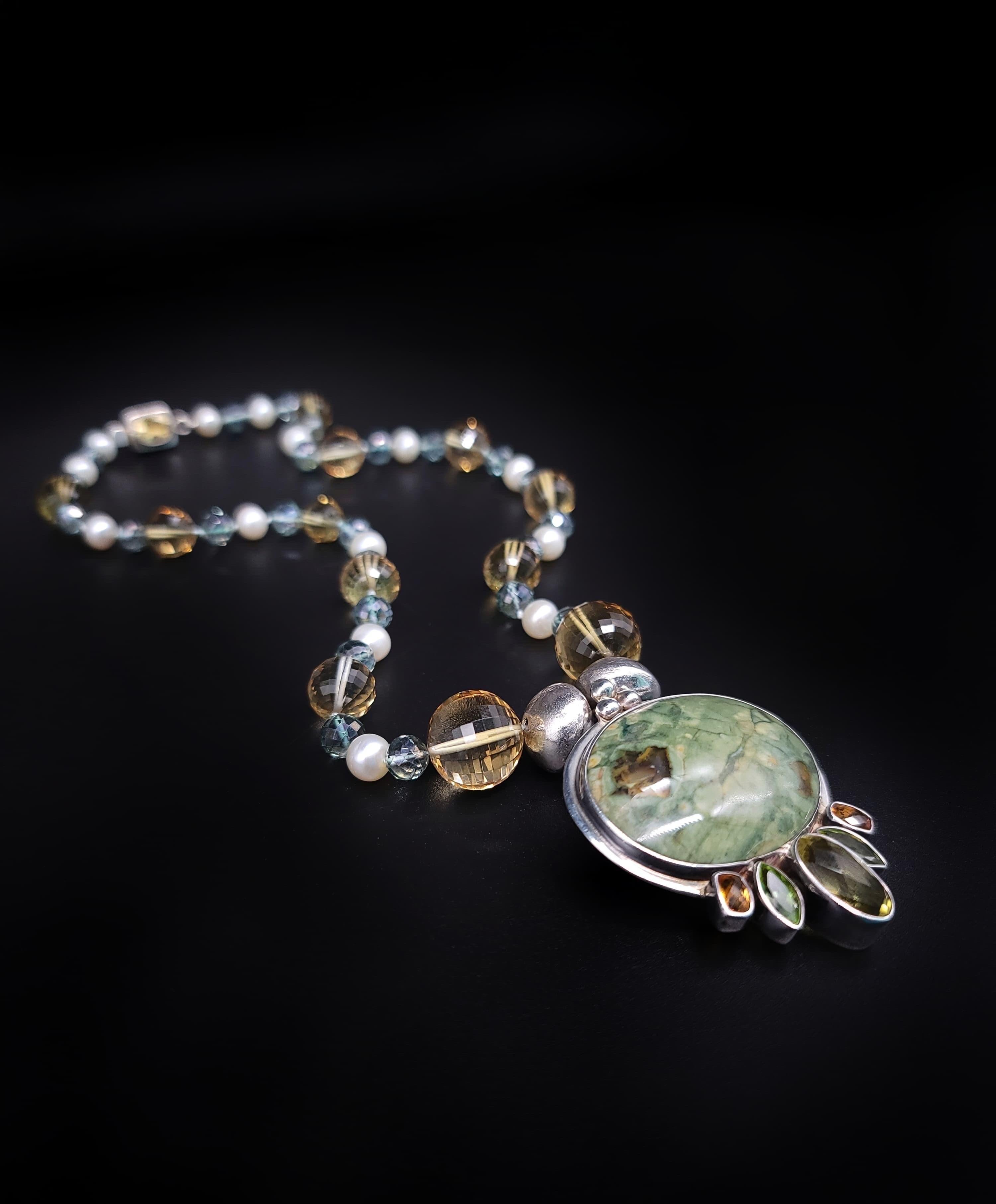 A.Jeschel Fine Freswater Pearl, Quartz Necklace with Precious Jasper Pendant In New Condition For Sale In Miami, FL