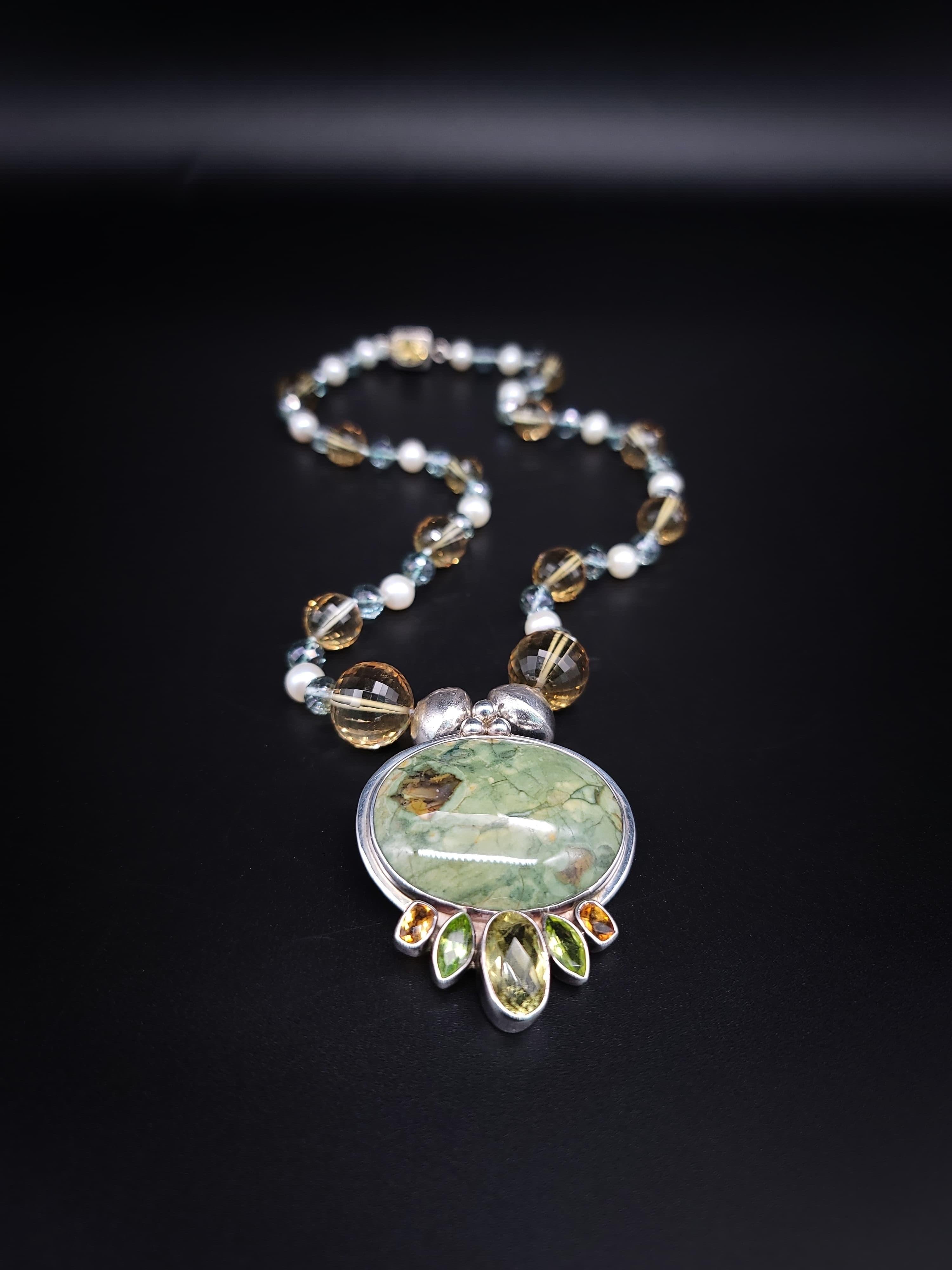 Women's A.Jeschel Fine Freswater Pearl, Quartz Necklace with Precious Jasper Pendant For Sale
