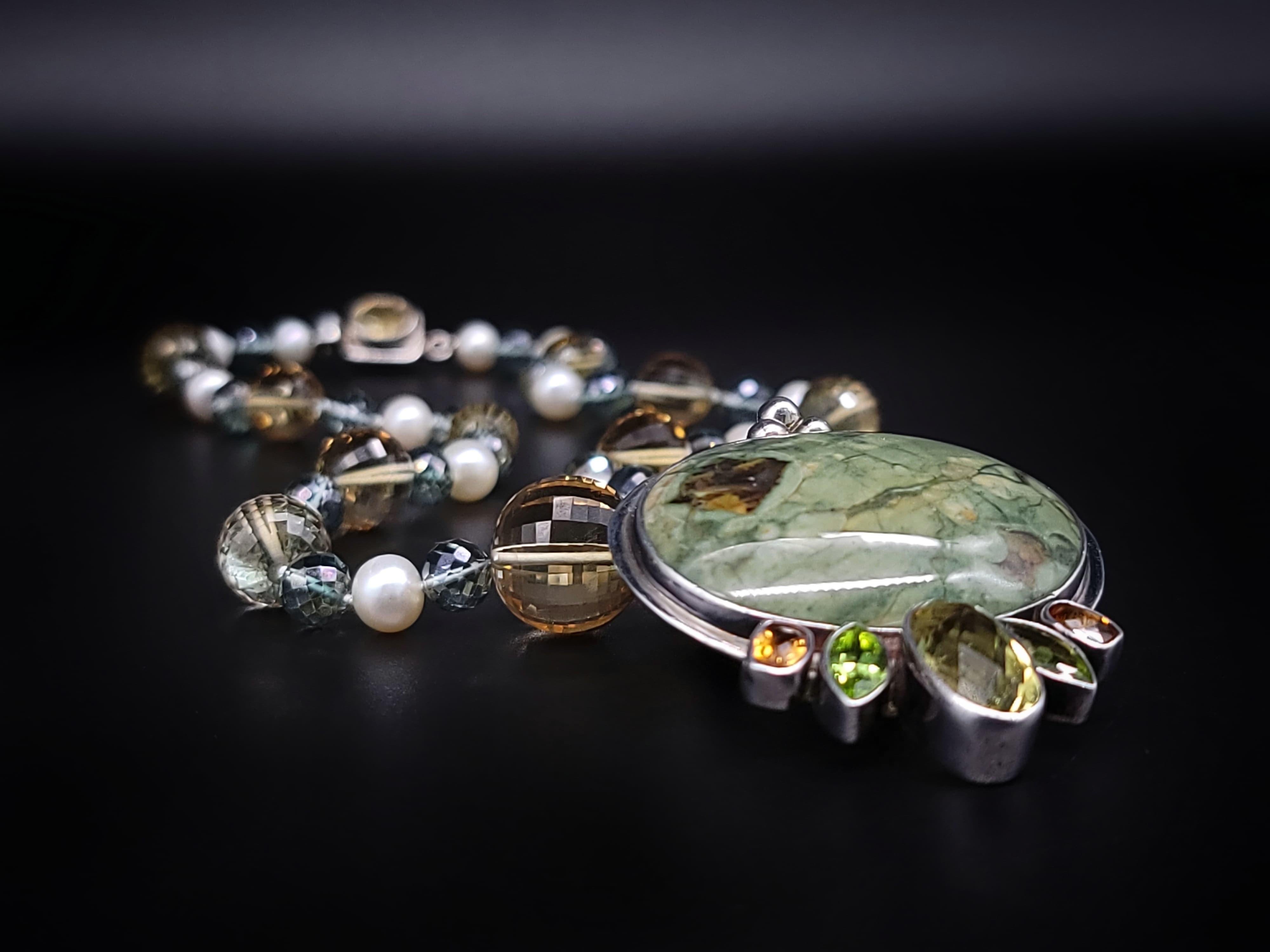 A.Jeschel Fine Freswater Pearl, Quartz Necklace with Precious Jasper Pendant For Sale 1