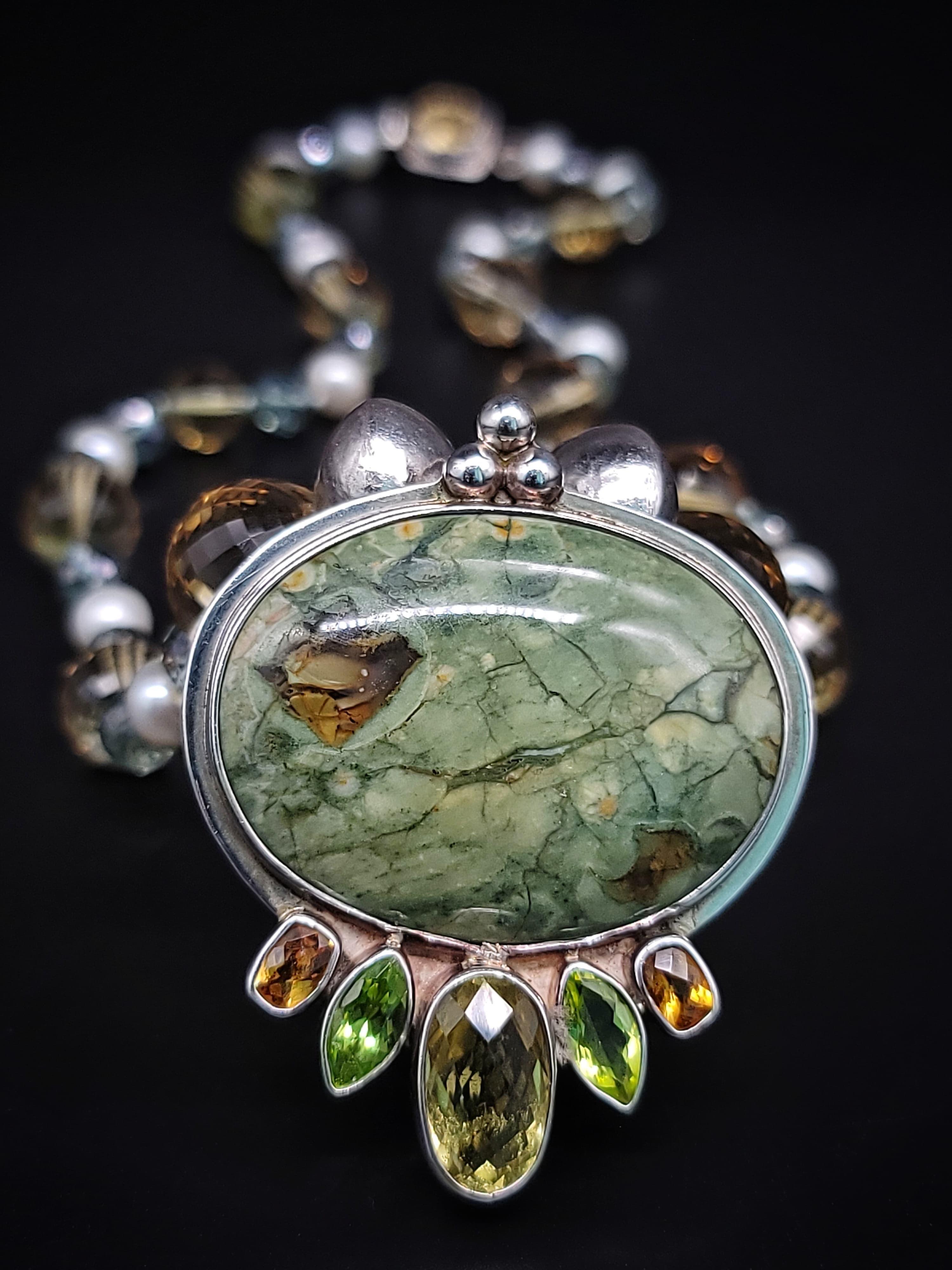 A.Jeschel Fine Freswater Pearl, Quartz Necklace with Precious Jasper Pendant For Sale 2