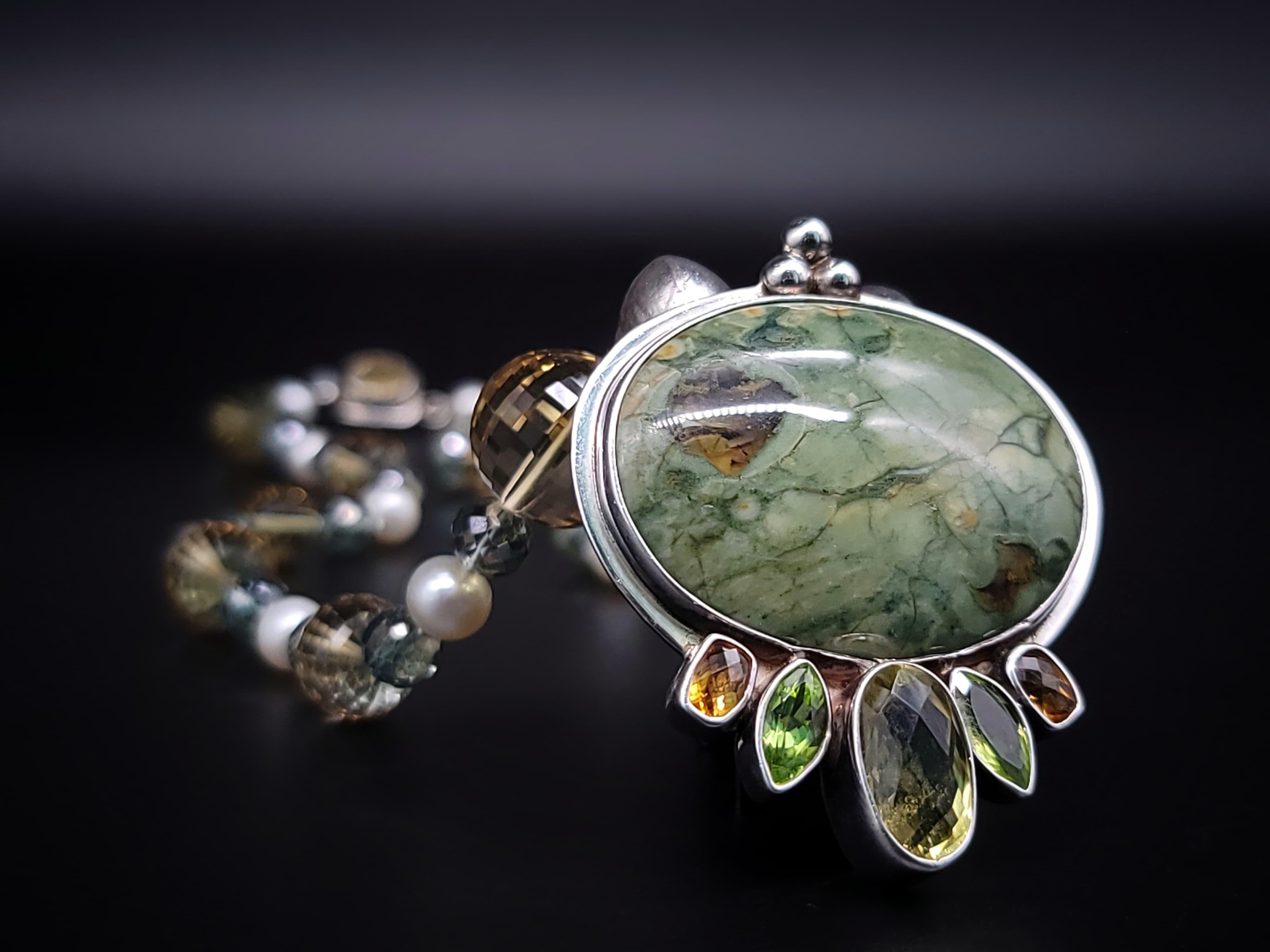 A.Jeschel Fine Freswater Pearl, Quartz Necklace with Precious Jasper Pendant For Sale 3