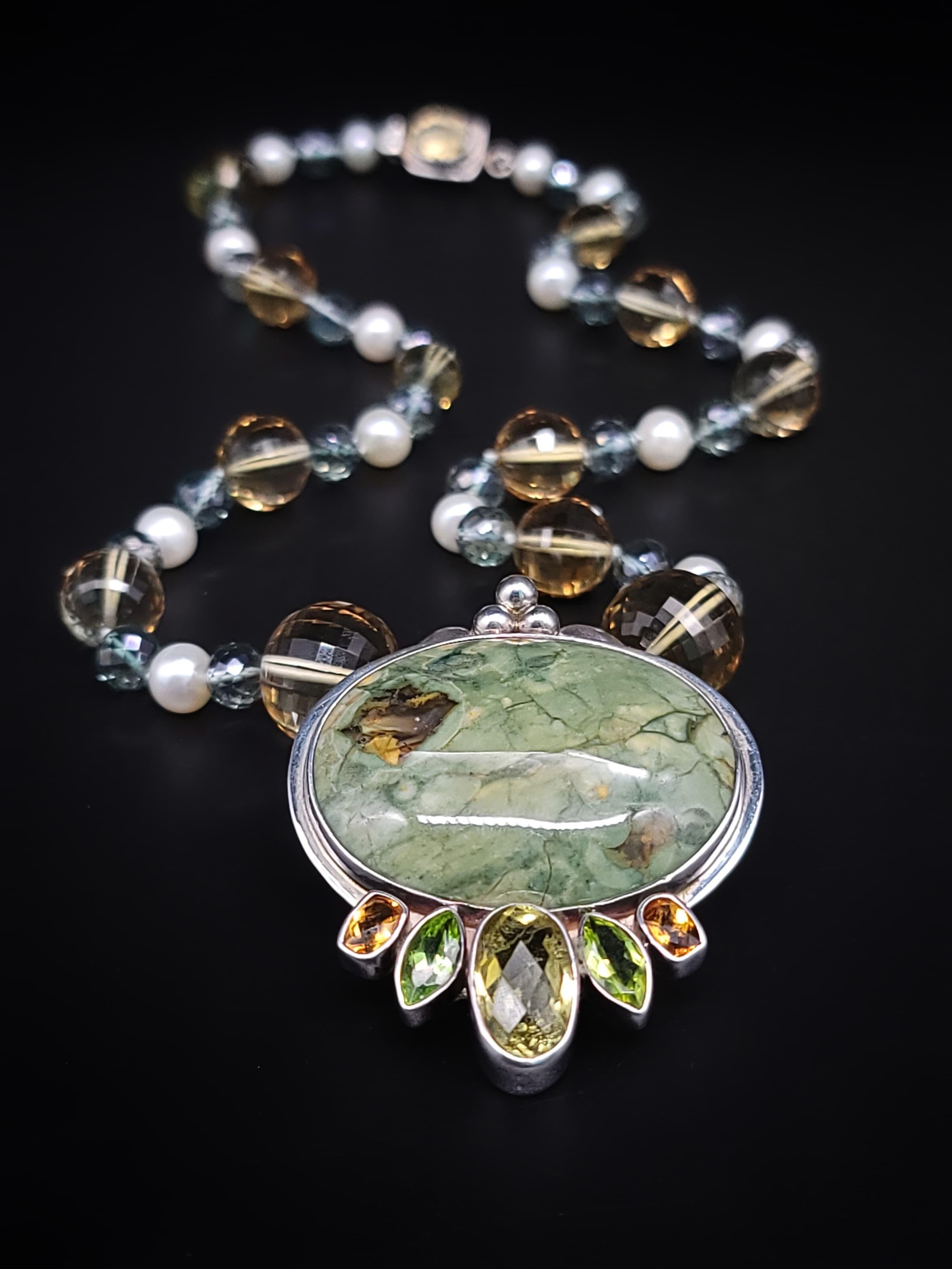 A.Jeschel Fine Freswater Pearl, Quartz Necklace with Precious Jasper Pendant For Sale 4