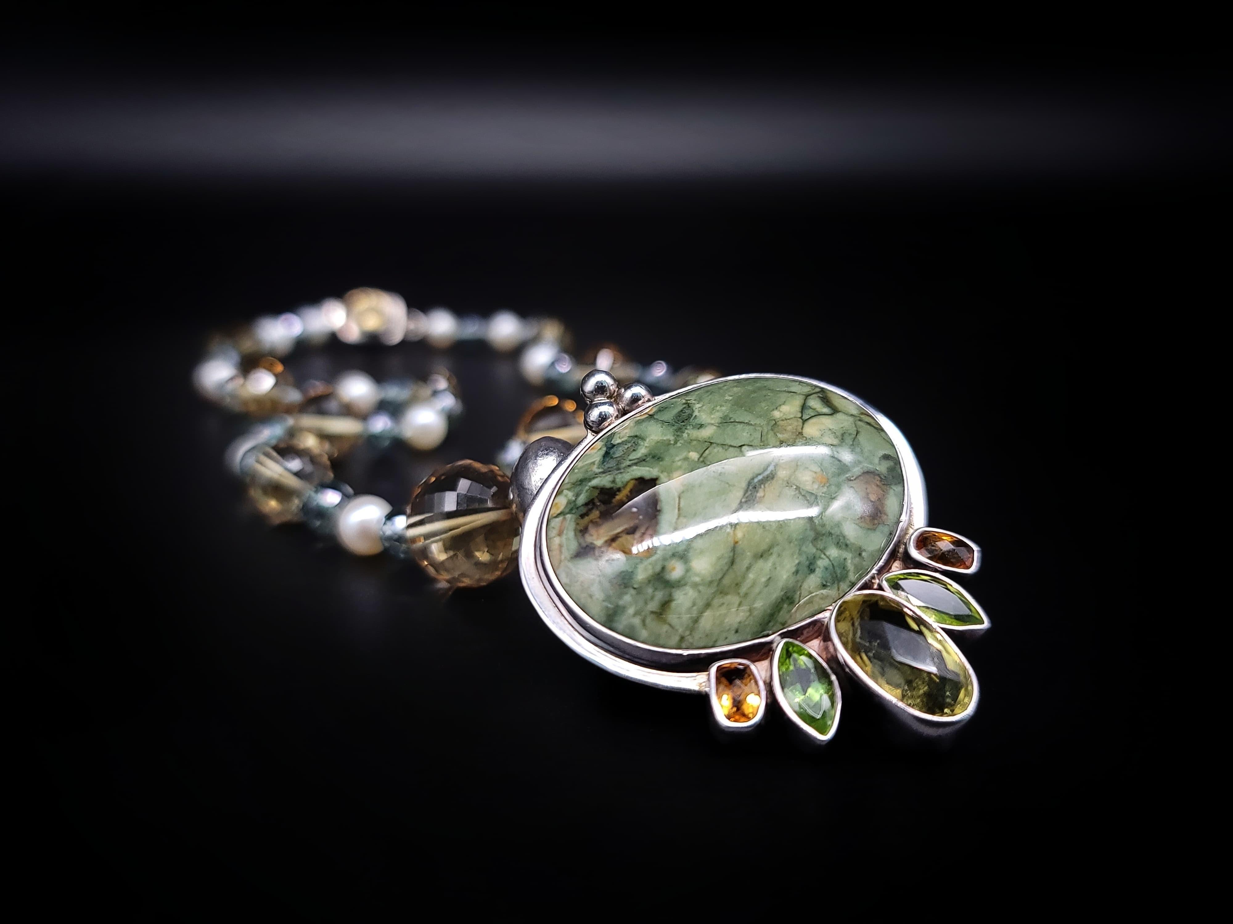 A.Jeschel Fine Freswater Pearl, Quartz Necklace with Precious Jasper Pendant For Sale 8