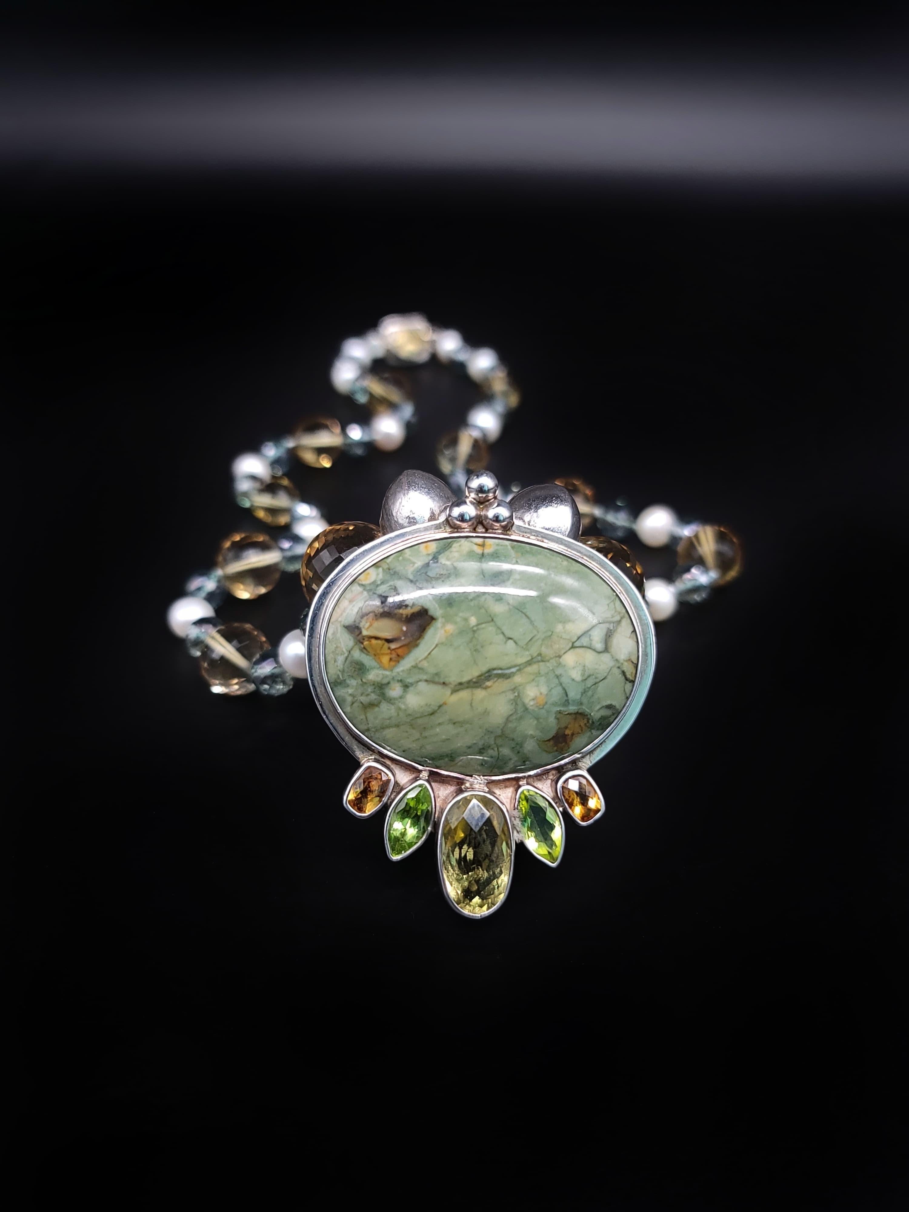 A.Jeschel Fine Freswater Pearl, Quartz Necklace with Precious Jasper Pendant For Sale 9
