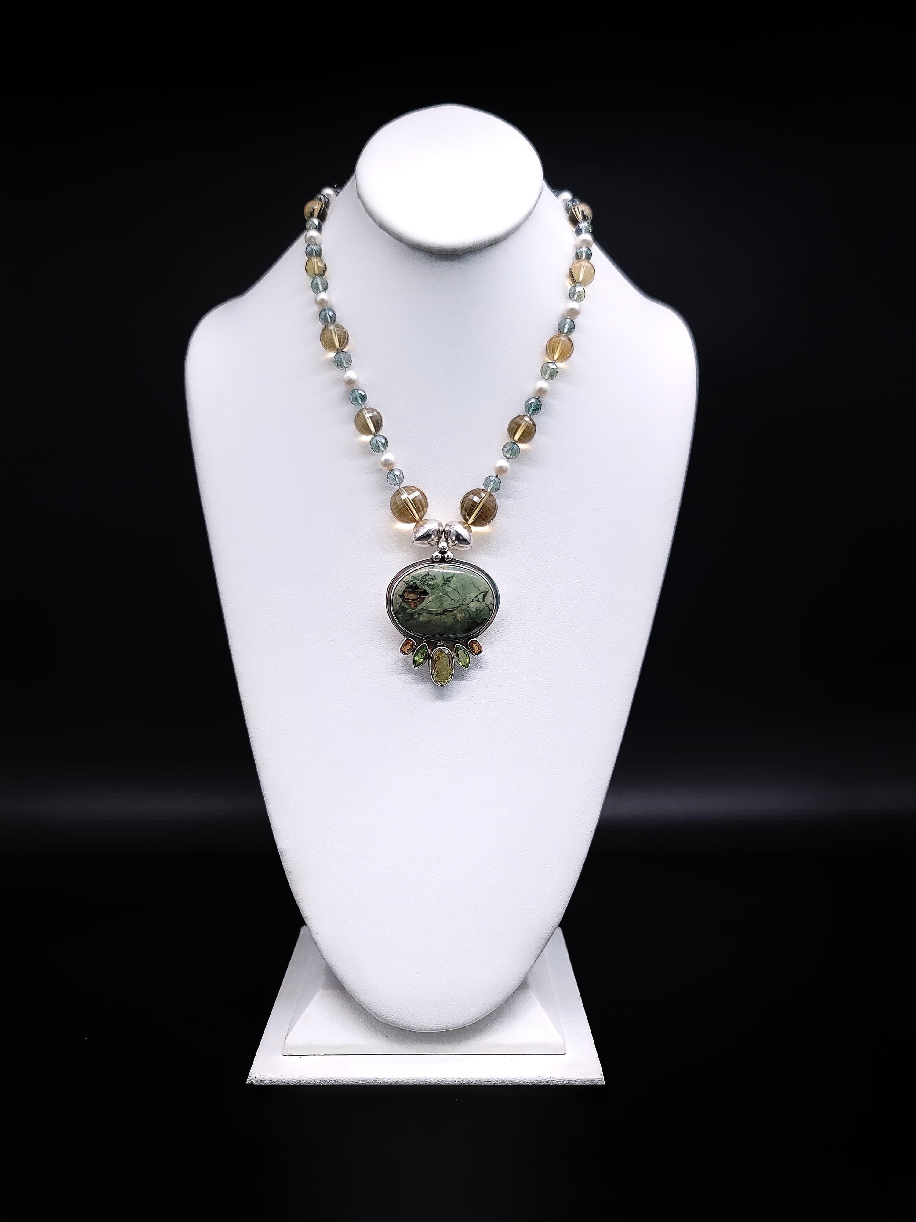 A.Jeschel Fine Freswater Pearl, Quartz Necklace with Precious Jasper Pendant
