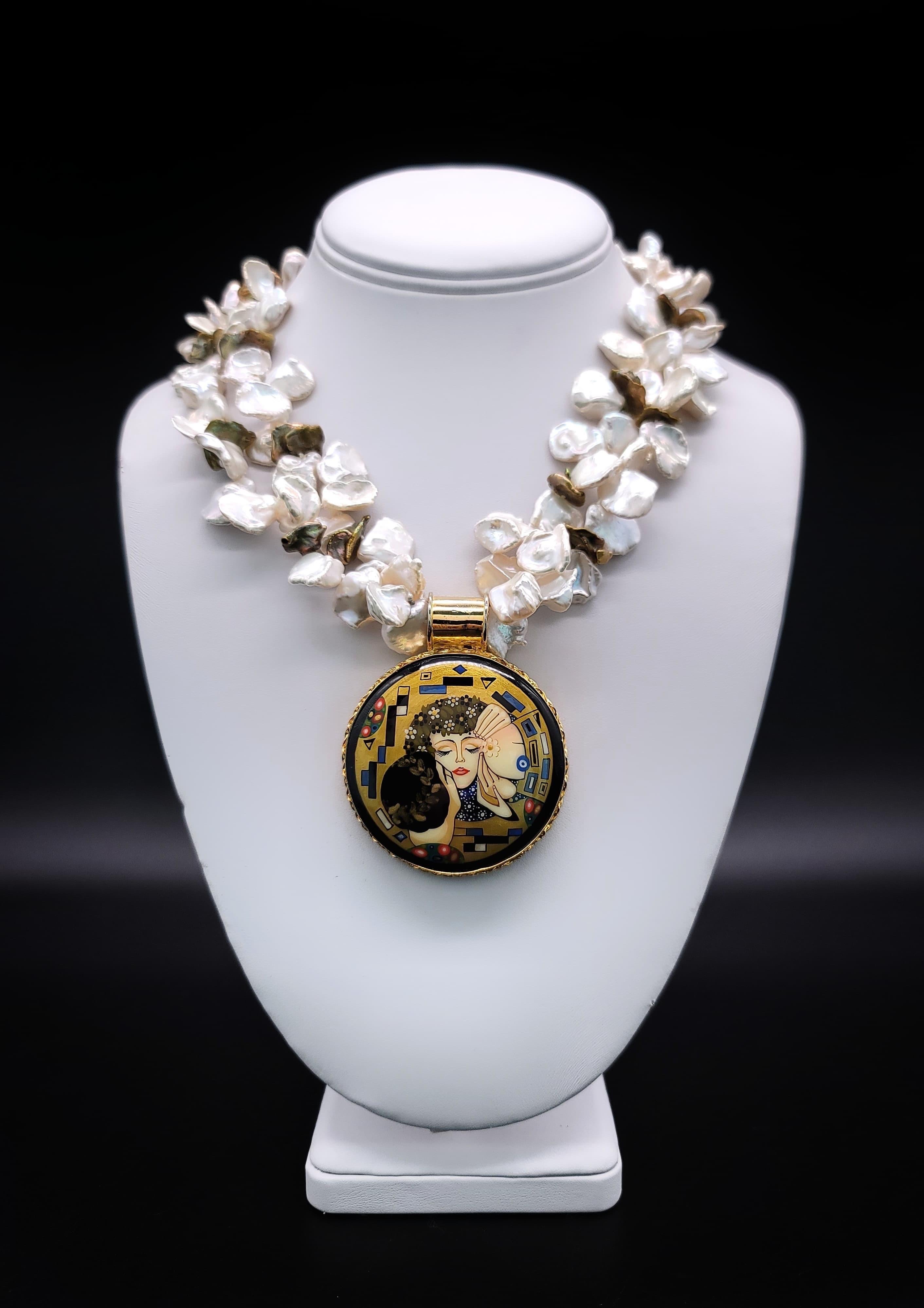 Mixed Cut A.Jeschel Iconic Gold and Keshi Pearl Necklace with Art Deco Pendant.