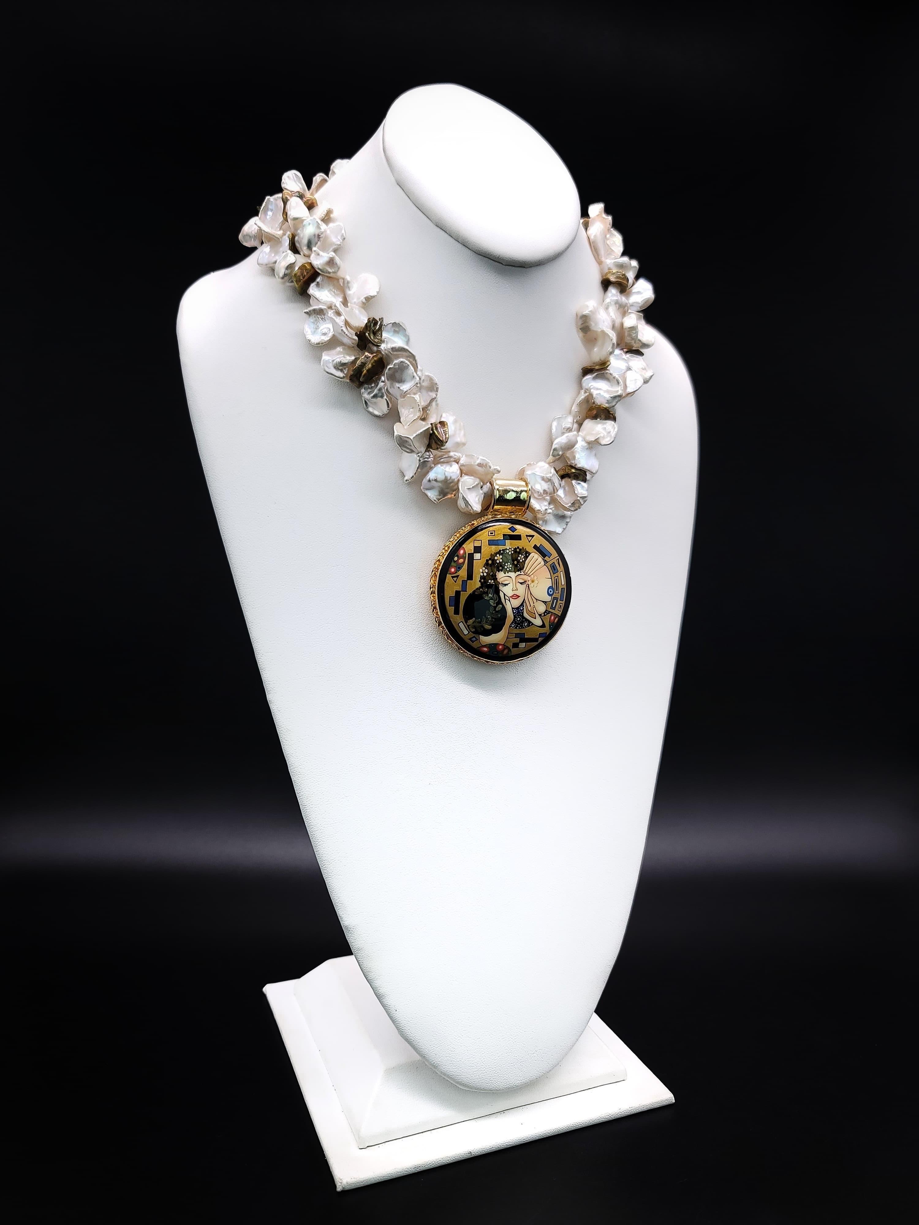 A.Jeschel Iconic Gold and Keshi Pearl Necklace with Art Deco Pendant. In New Condition In Miami, FL