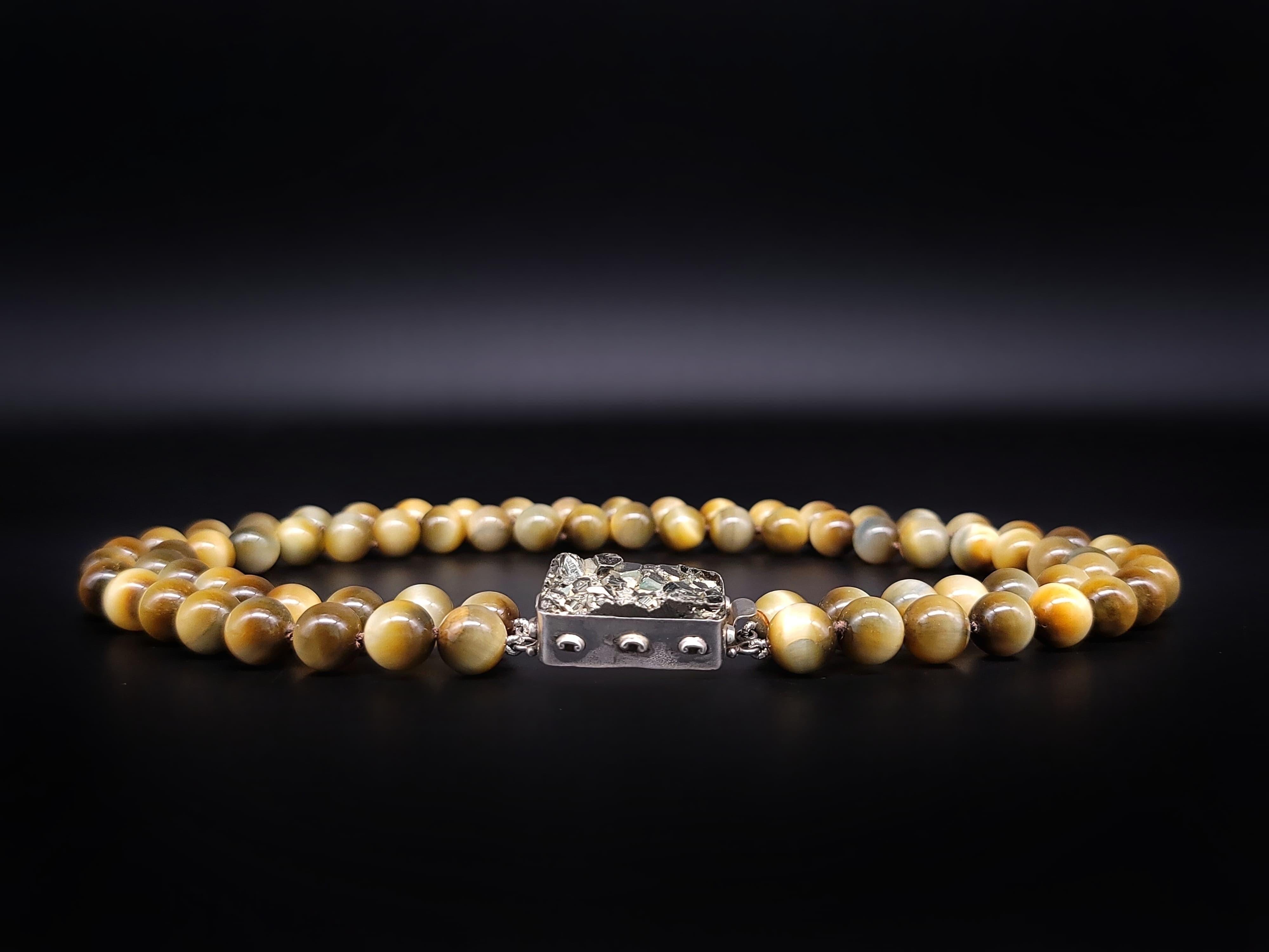 Bead A.Jeschel Honey Tiger’s eye necklace combined with Pyrite clasp. For Sale