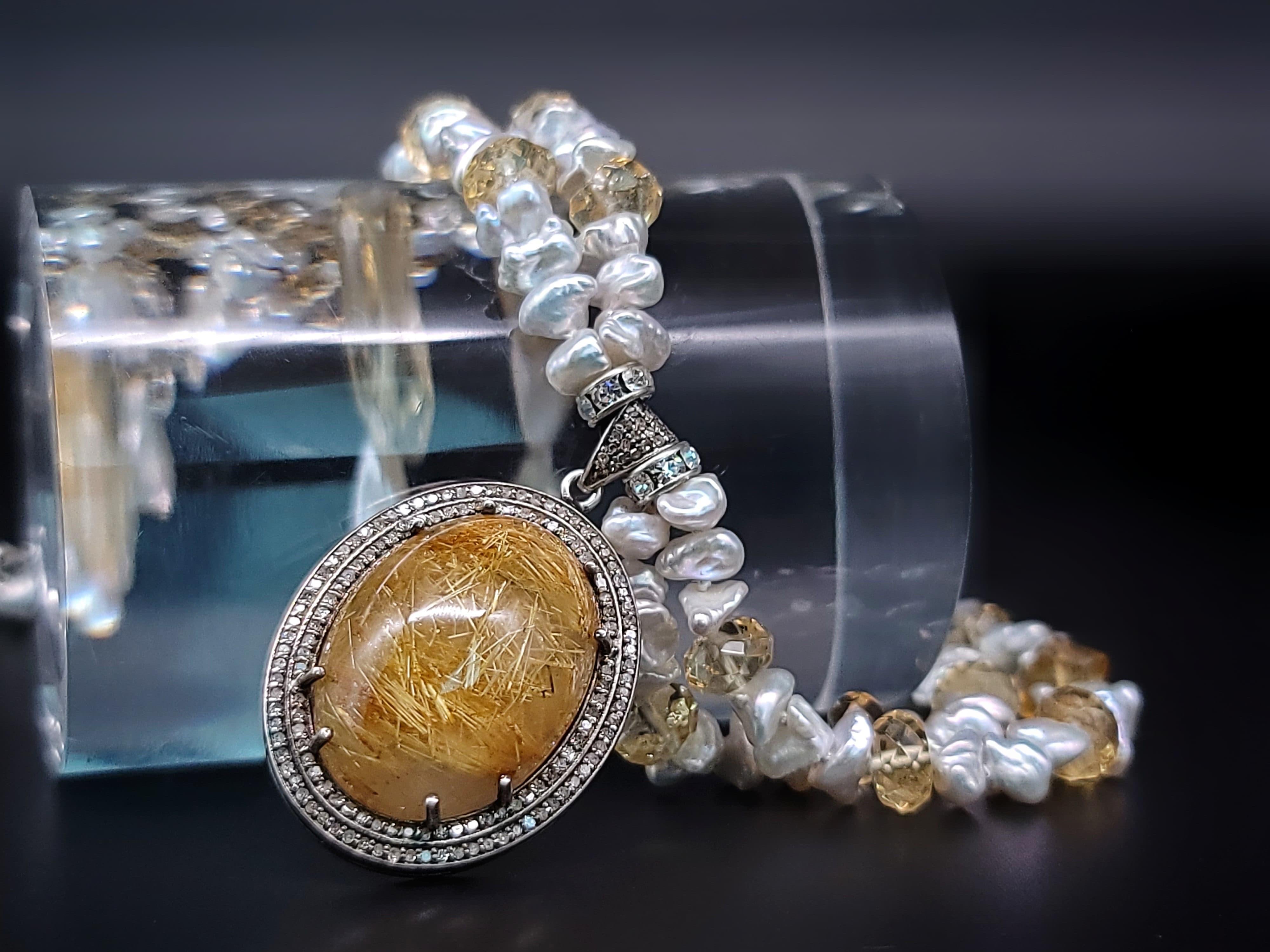 A.Jeschel Masterpiece of Golden Rutilated Quartz Pendant encircled with Diamonds In New Condition For Sale In Miami, FL