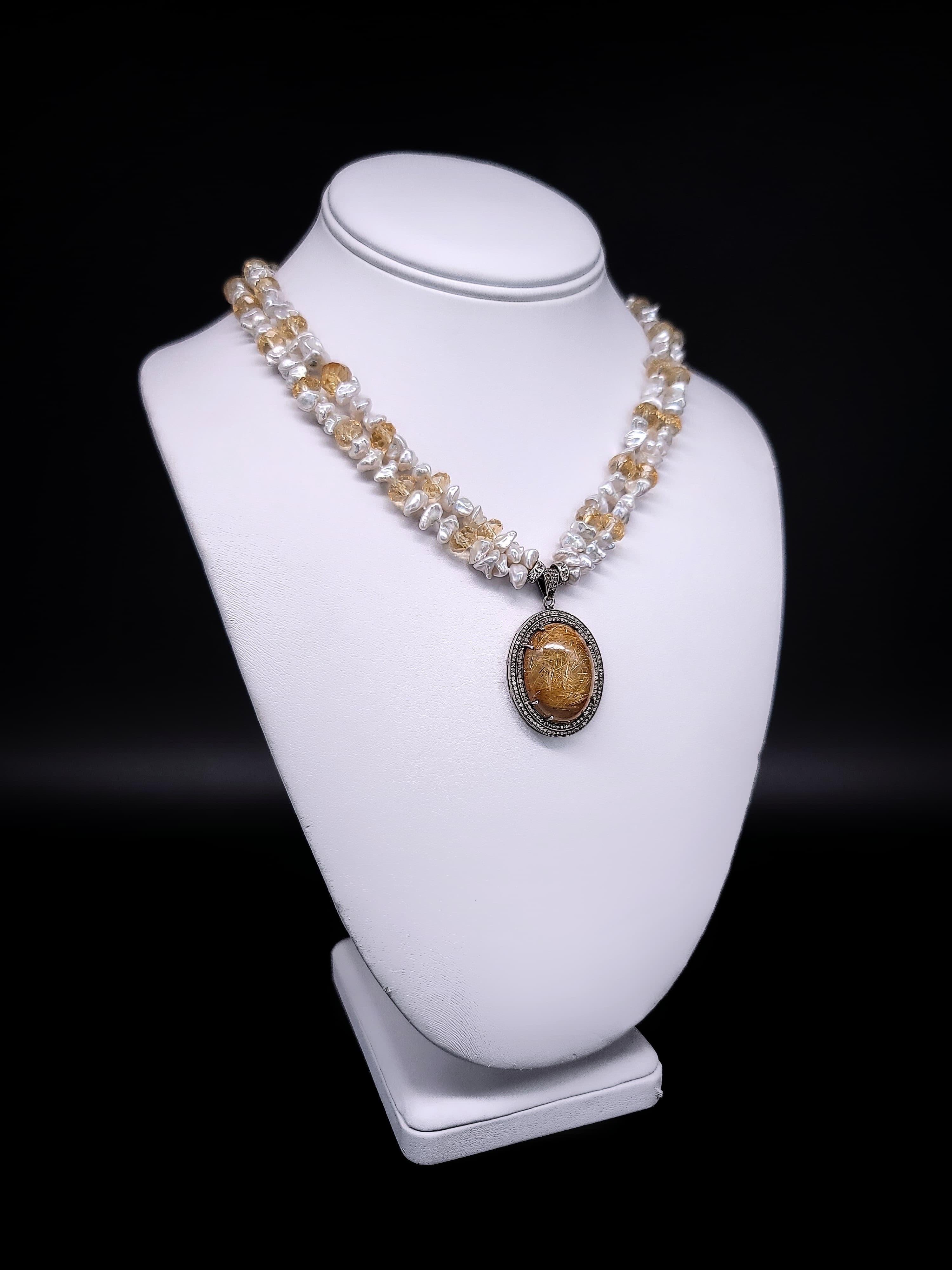 A.Jeschel Masterpiece of Golden Rutilated Quartz Pendant encircled with Diamonds For Sale 4