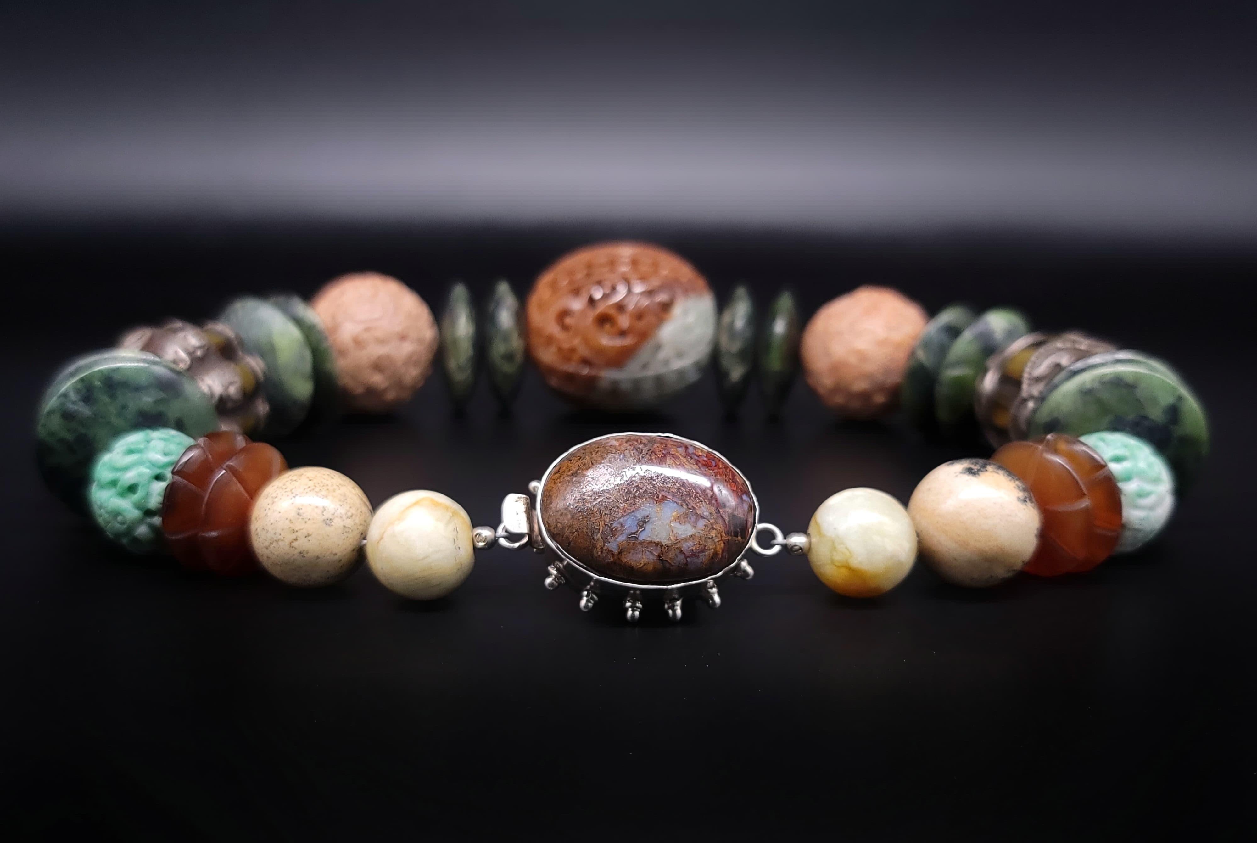 Women's or Men's A.Jeschel Unique Tibetan Amber beads and Chinese Jade necklace  For Sale
