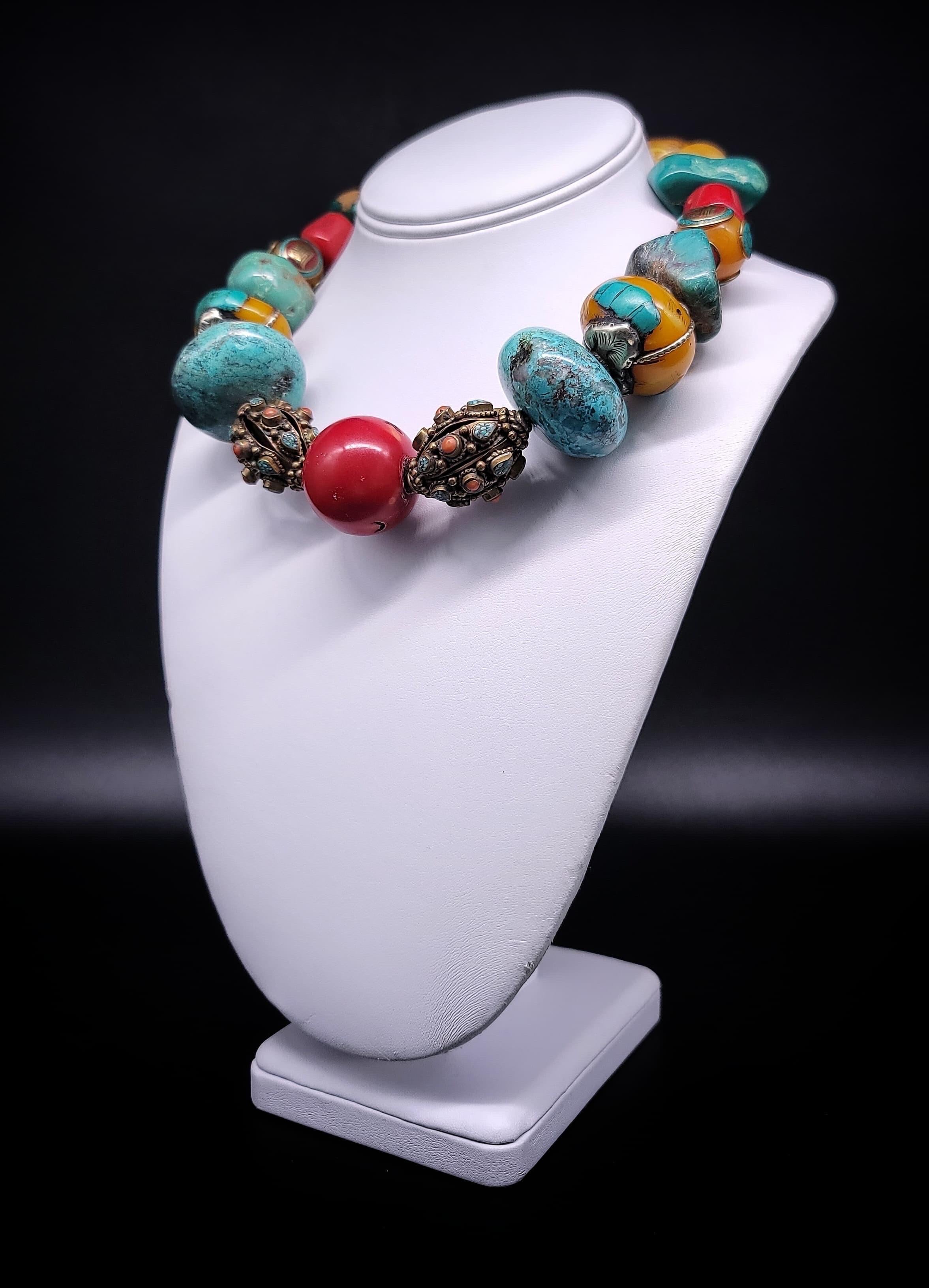 Mixed Cut A.Jeschel Colorful and Bold necklace with Amber Coral Turquois and Tibetan beads For Sale