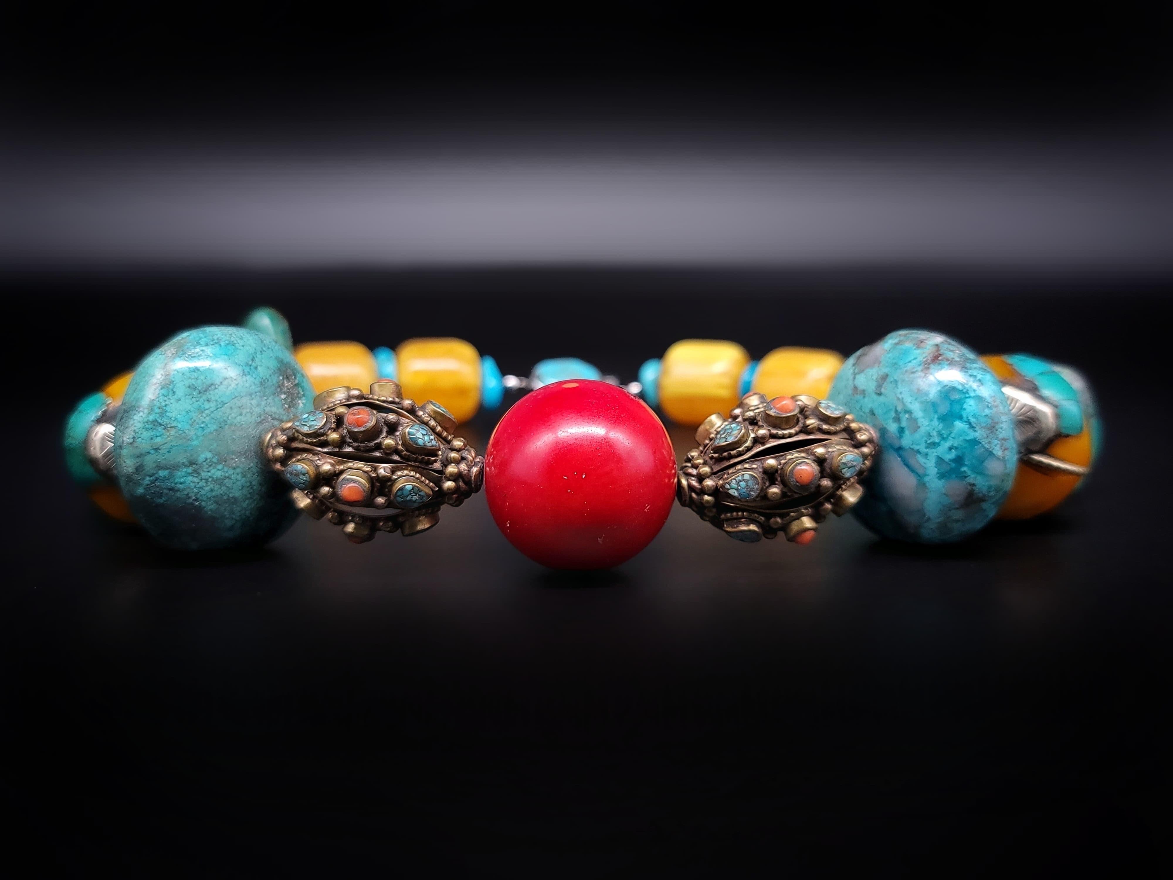 A.Jeschel Colorful and Bold necklace with Amber Coral Turquois and Tibetan beads In New Condition For Sale In Miami, FL