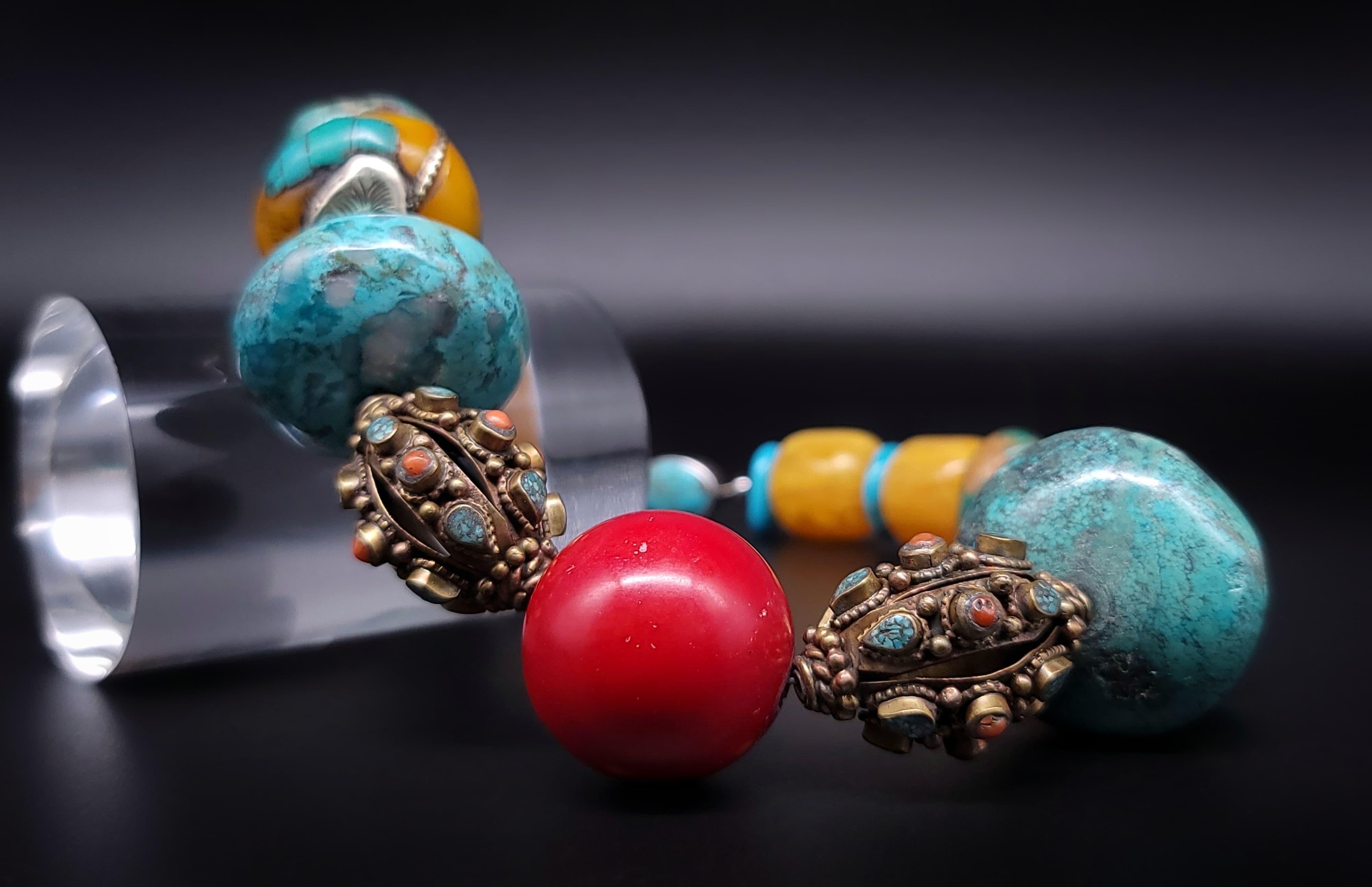 A.Jeschel Colorful and Bold necklace with Amber Coral Turquois and Tibetan beads For Sale 1