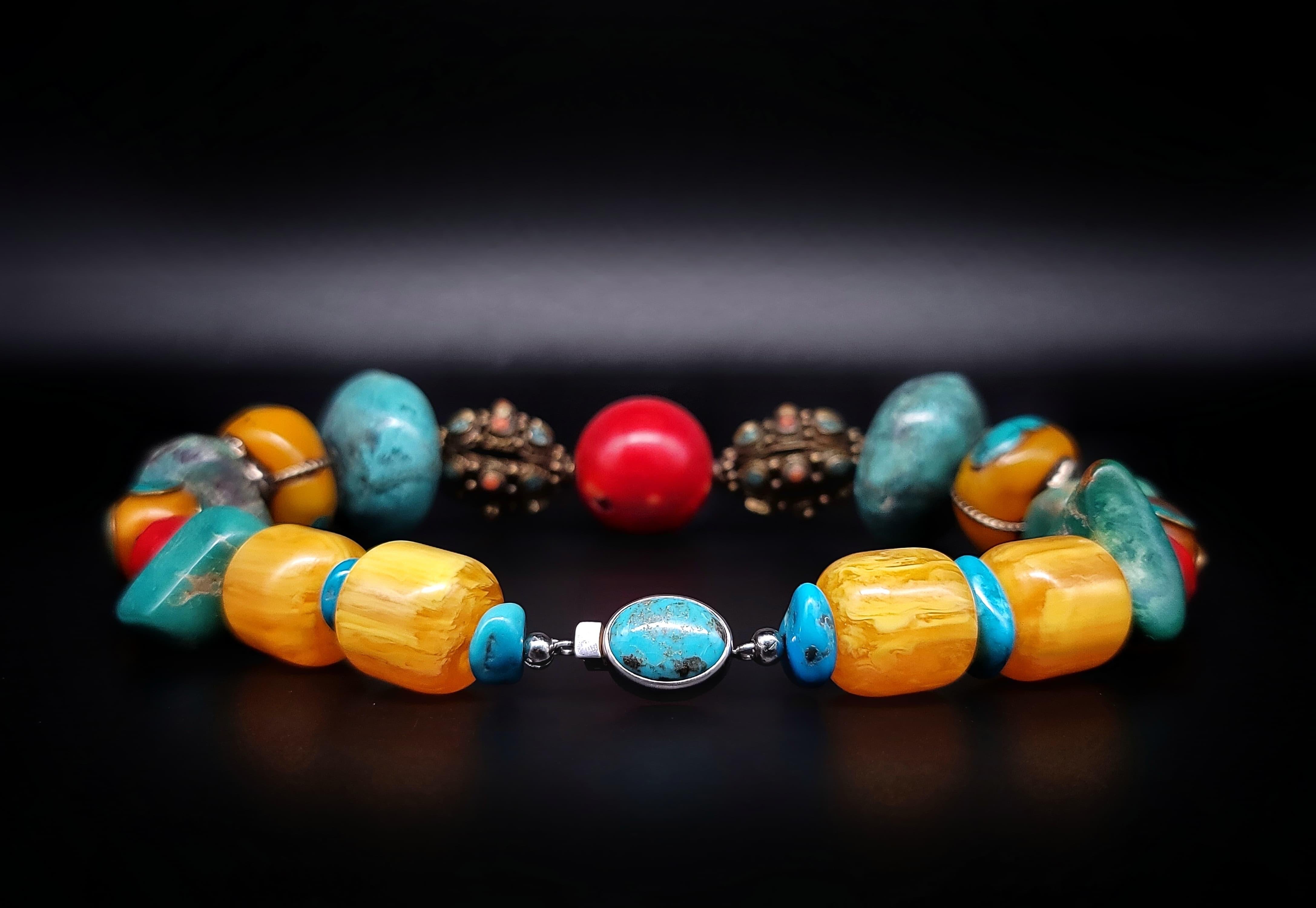 A.Jeschel Colorful and Bold necklace with Amber Coral Turquois and Tibetan beads For Sale 3