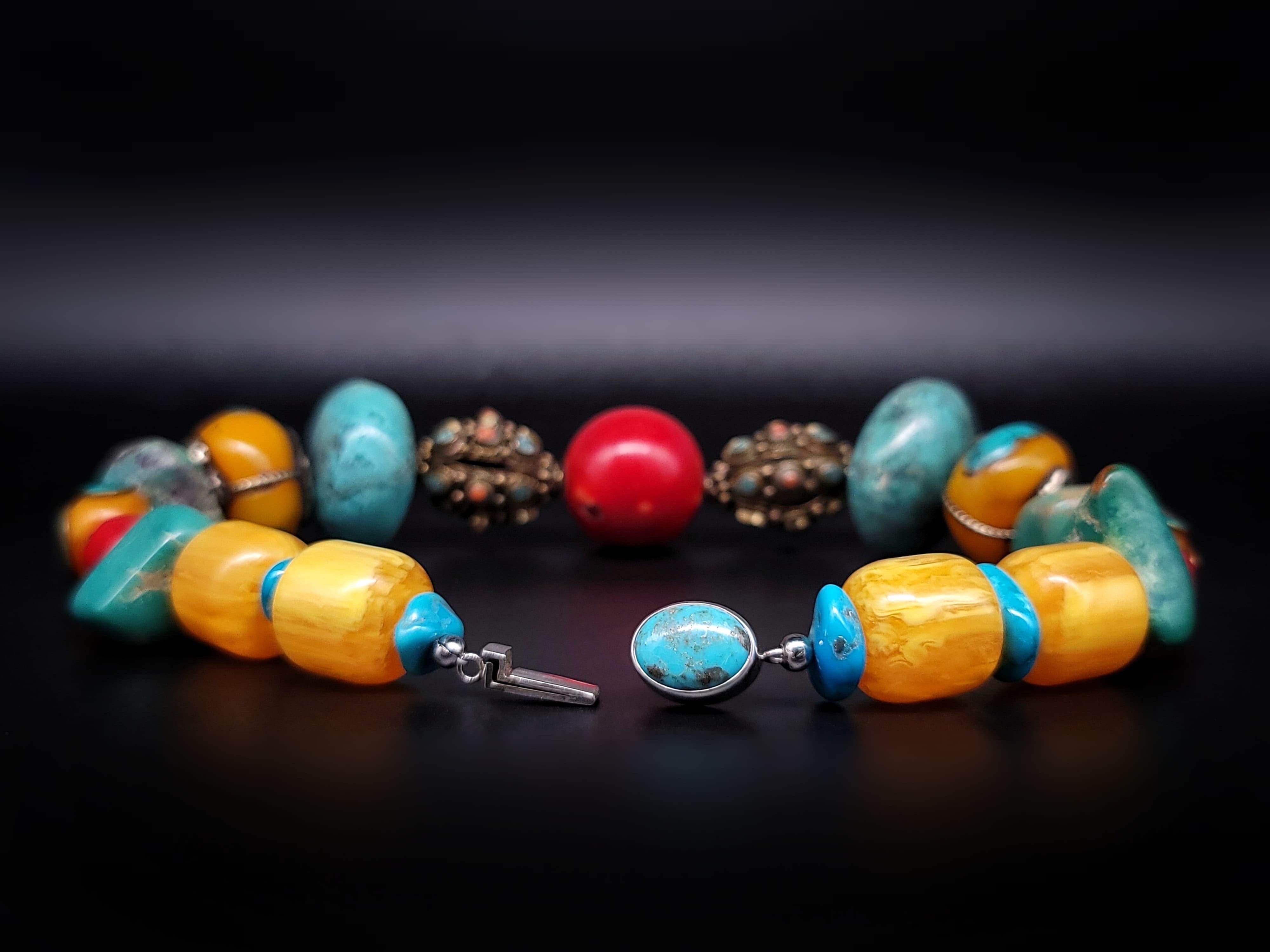A.Jeschel Colorful and Bold necklace with Amber Coral Turquois and Tibetan beads For Sale 5