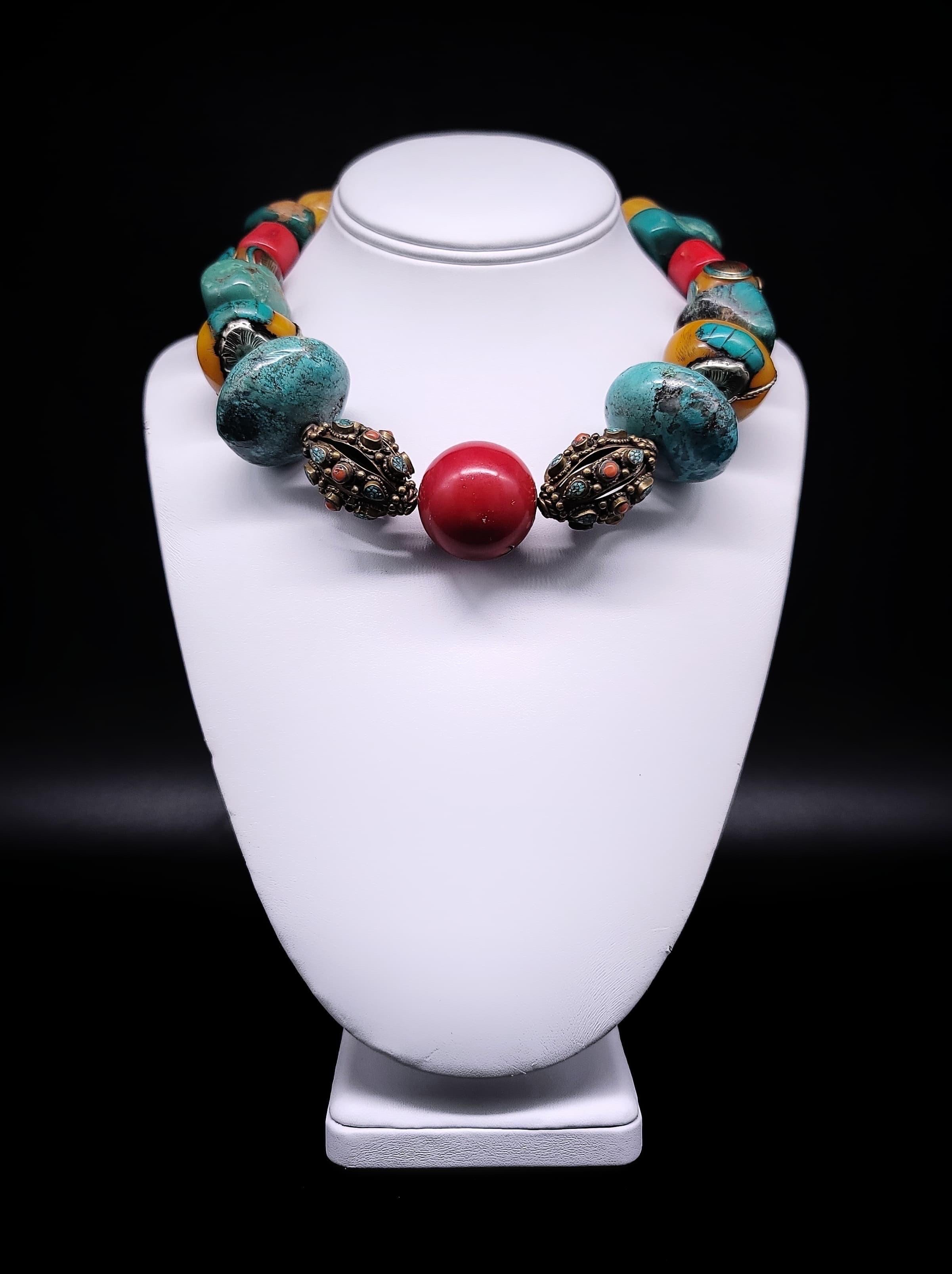 A.Jeschel Colorful and Bold necklace with Amber Coral Turquois and Tibetan beads For Sale 6