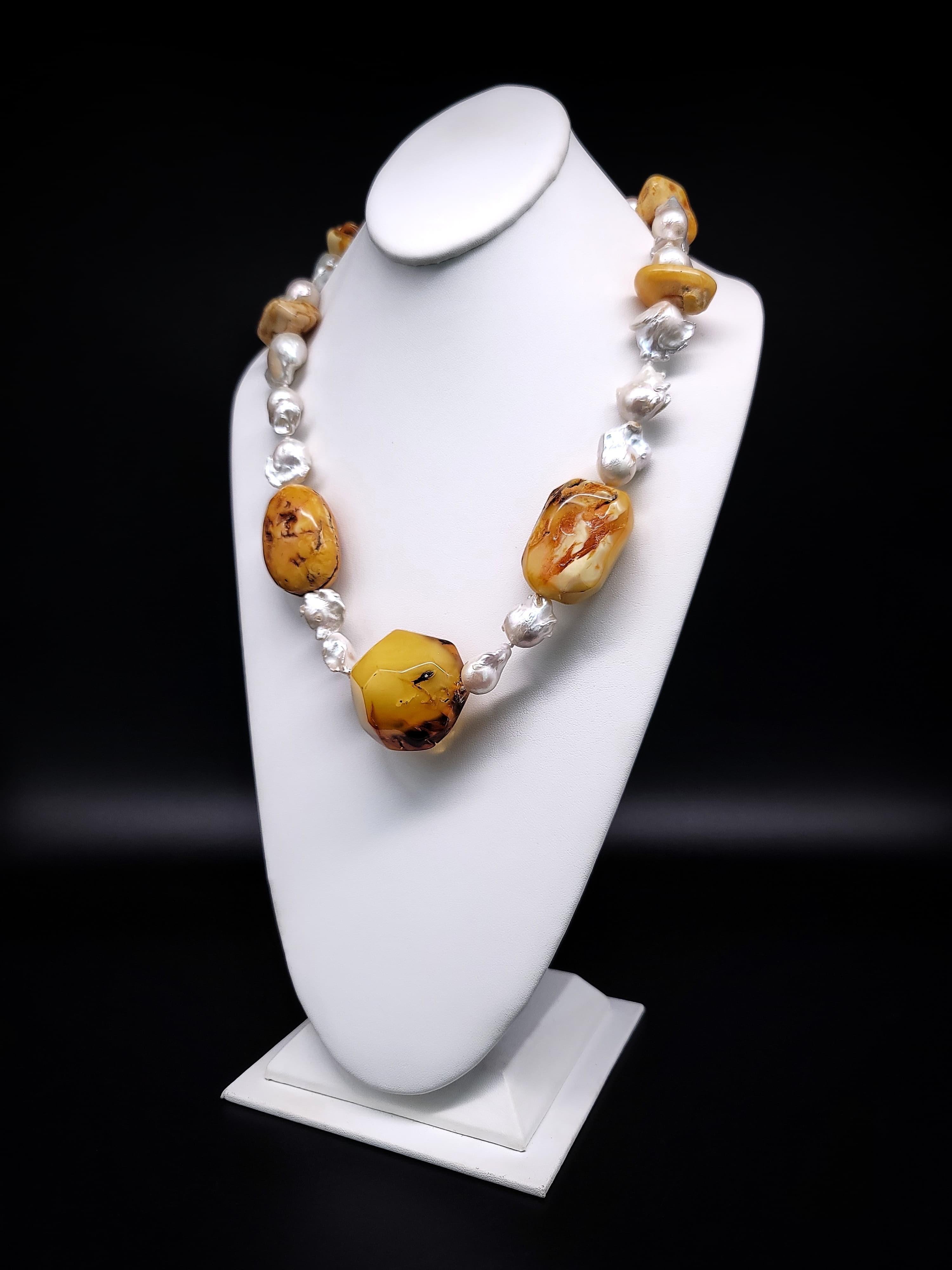 Contemporary A.Jeschel Baltic Amber and Baroque Pearls Necklace. For Sale