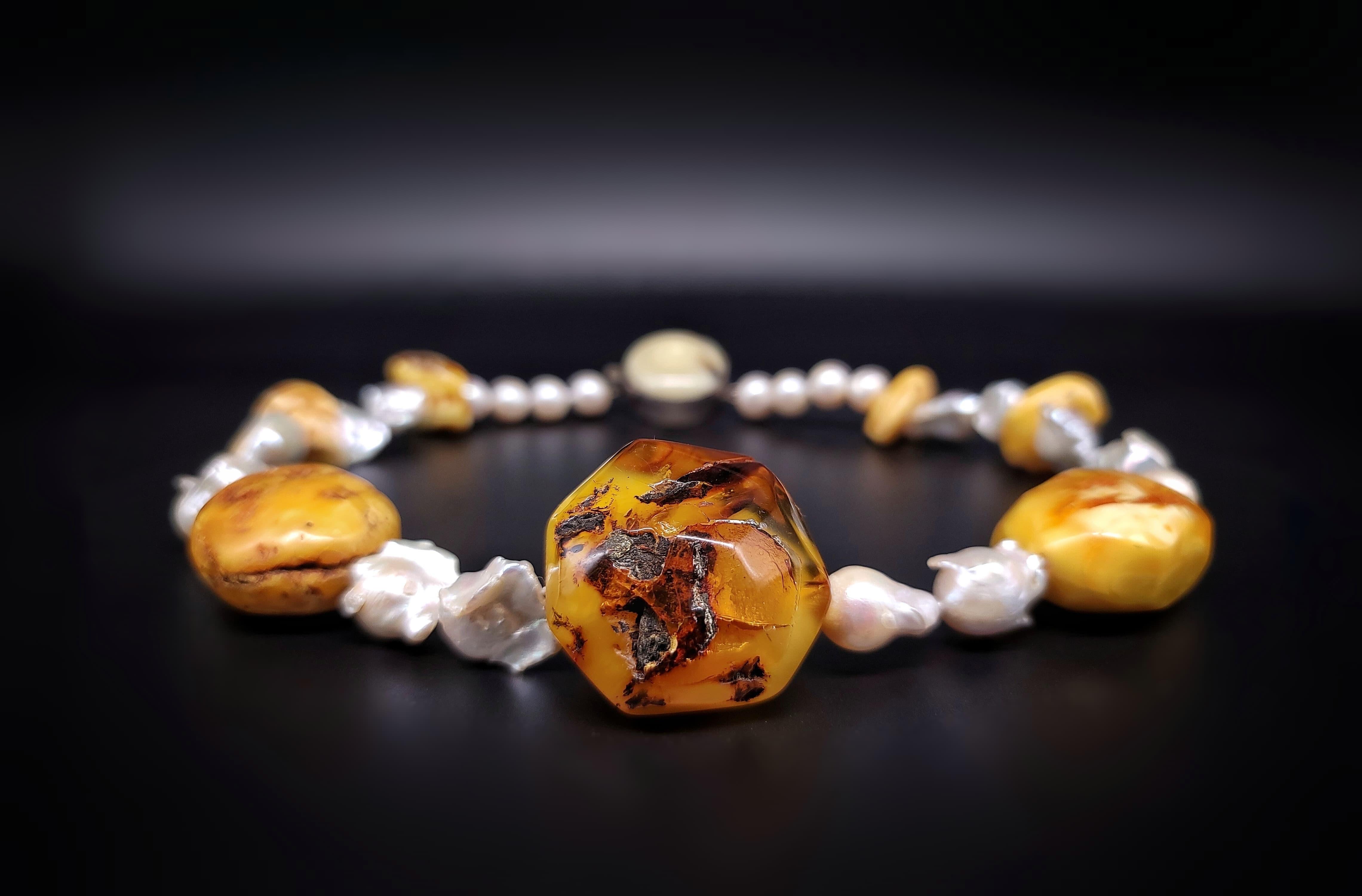 Mixed Cut A.Jeschel Baltic Amber and Baroque Pearls Necklace. For Sale
