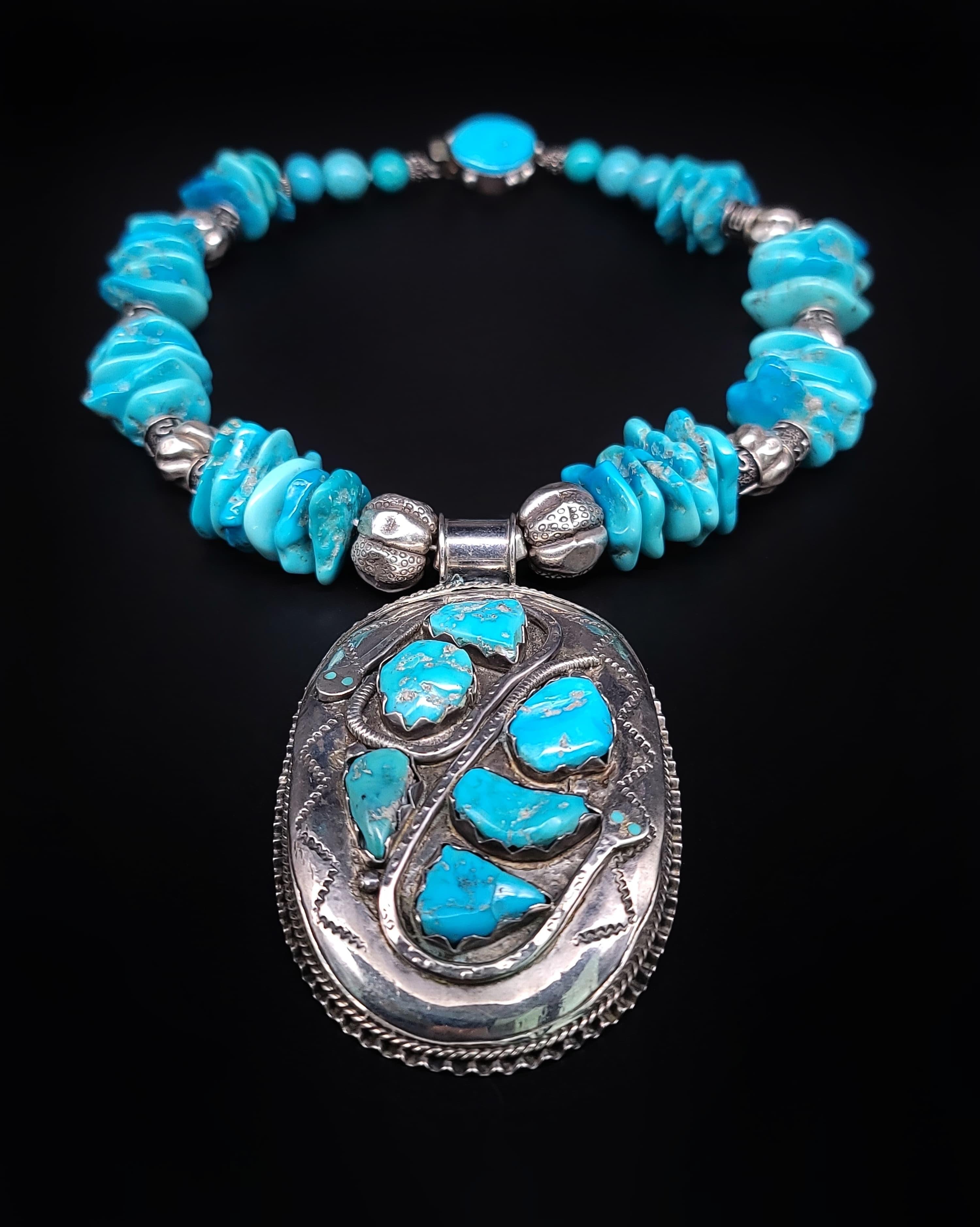 Mixed Cut A.Jeschel Powerful Turquoise and Silver Necklace. For Sale