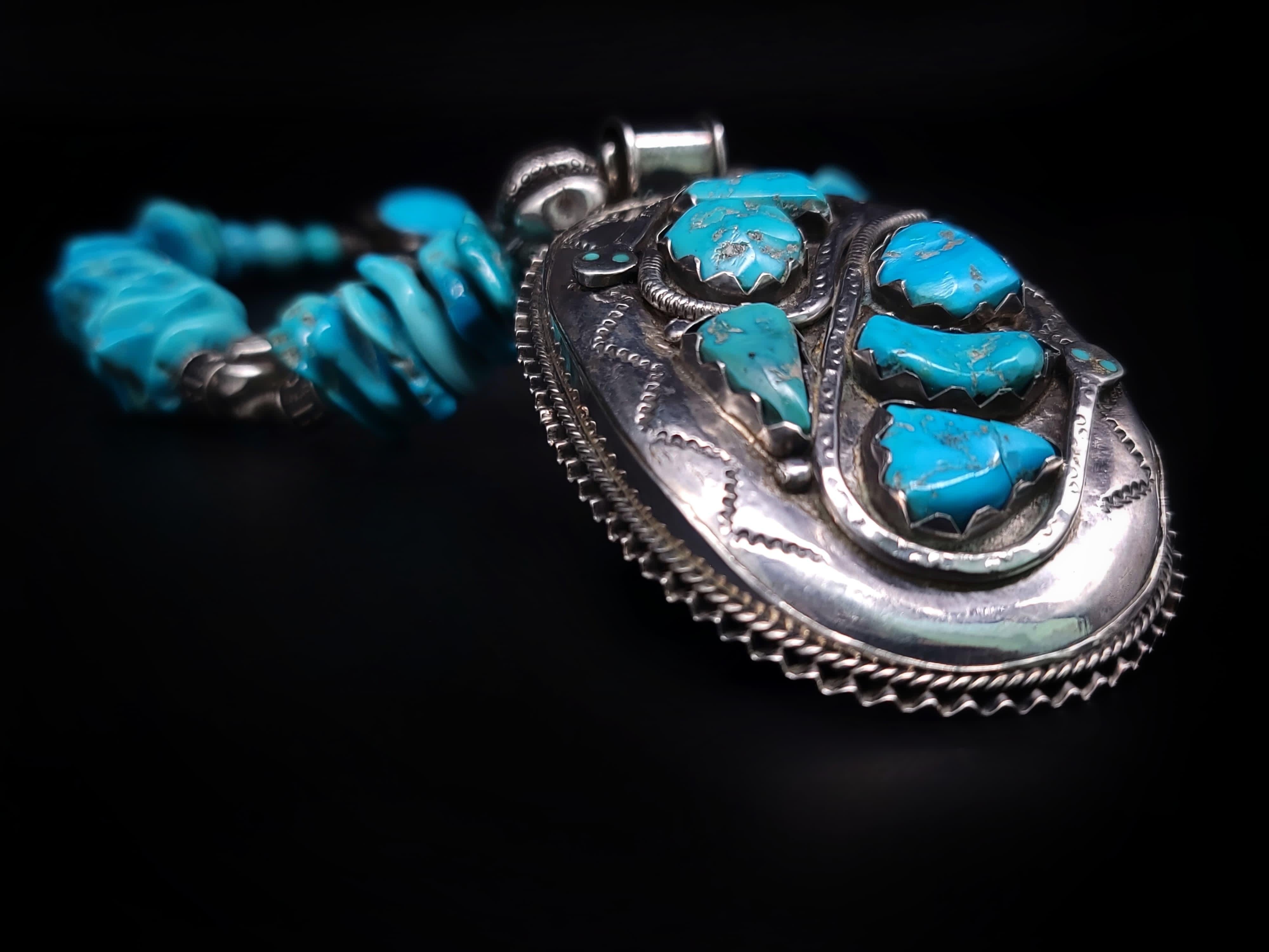 A.Jeschel Powerful Sterling Silver Effie C Zuni pendant and Turquoise necklace For Sale 1