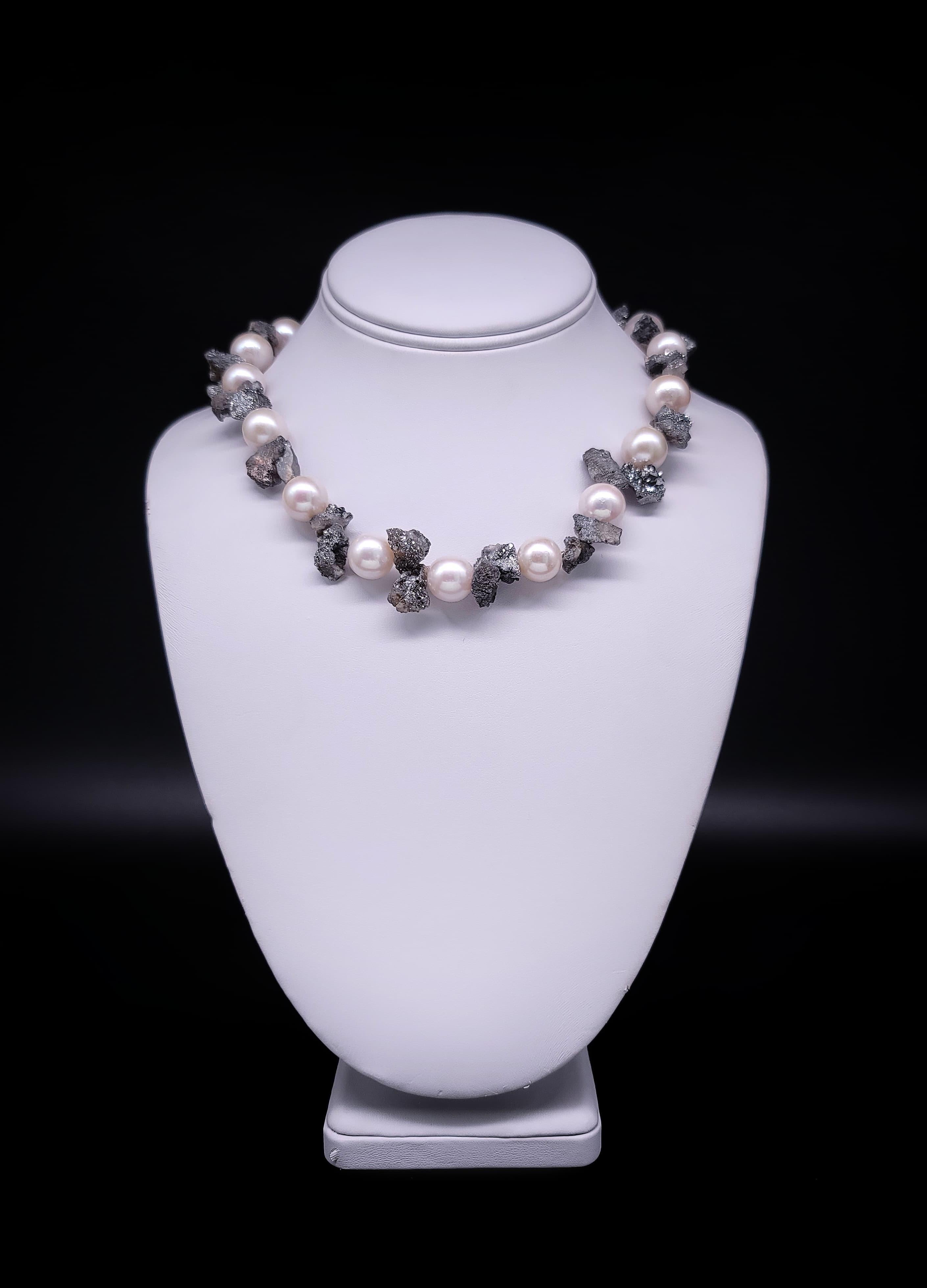Mixed Cut A.Jeschel  Lustrous 14mm pearls and sparkly druzy Quartz necklace. For Sale