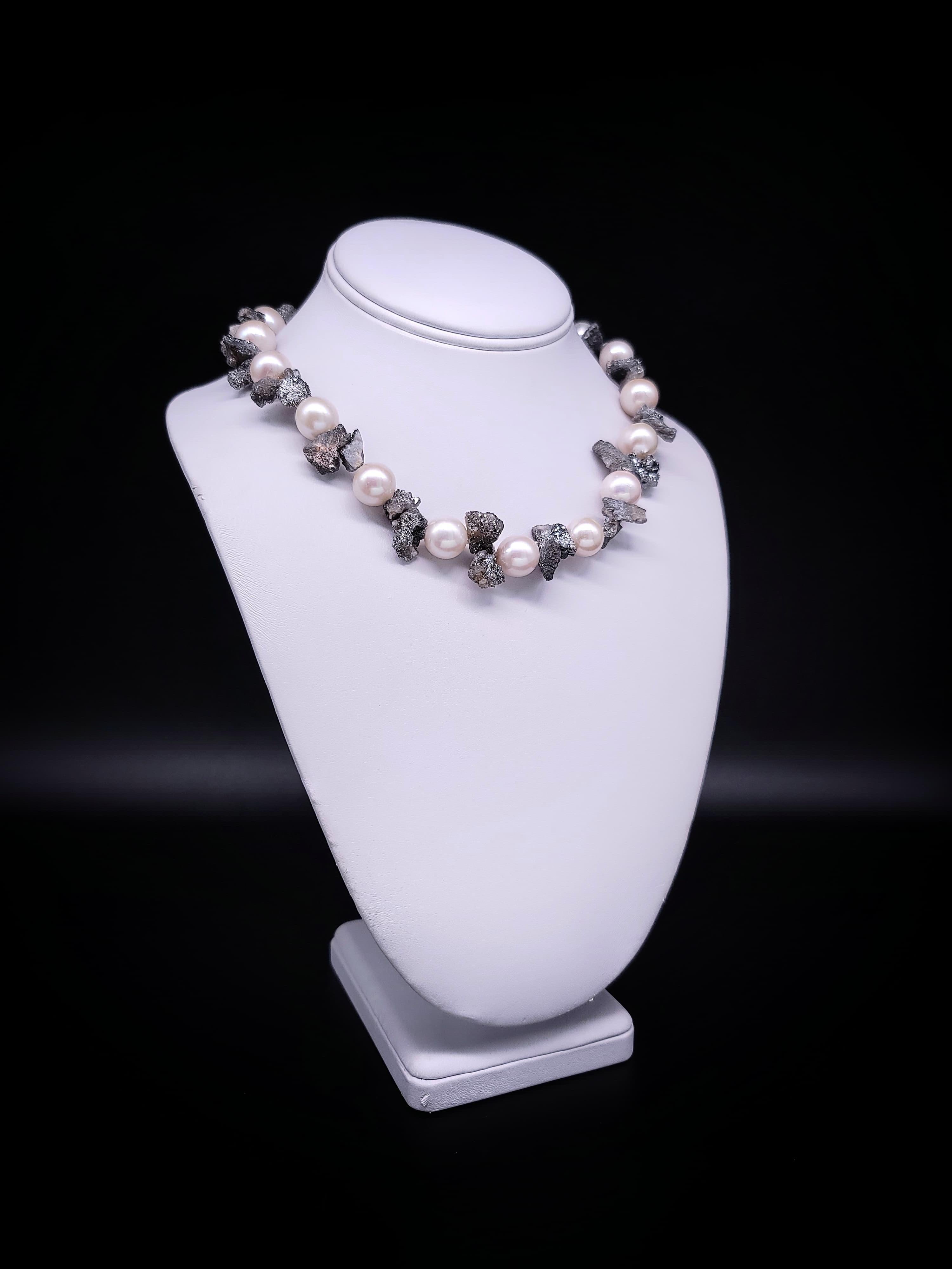 Women's A.Jeschel  Lustrous 14mm pearls and sparkly druzy Quartz necklace. For Sale