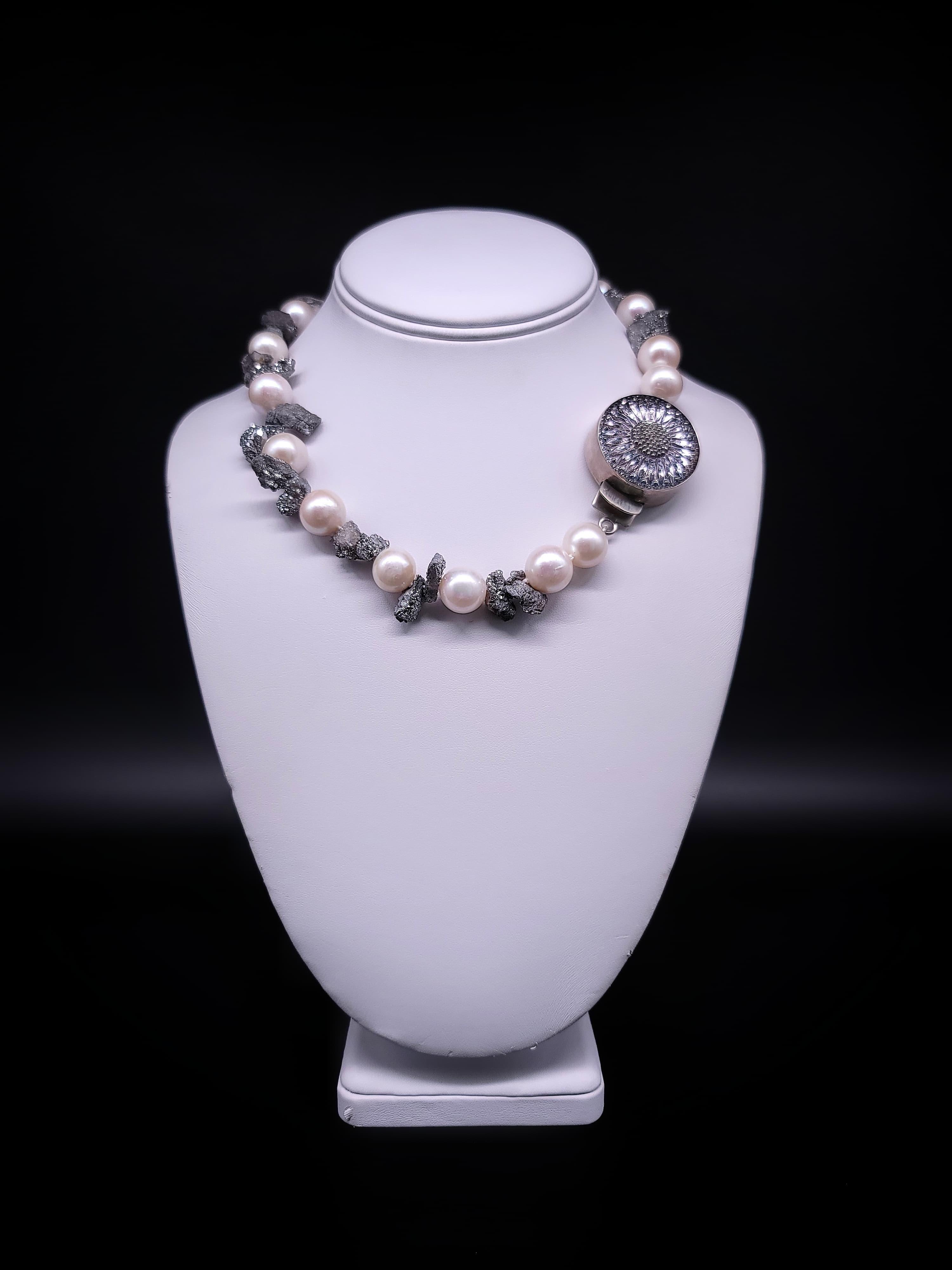 A.Jeschel  Lustrous 14mm pearls and sparkly druzy Quartz necklace. For Sale 1