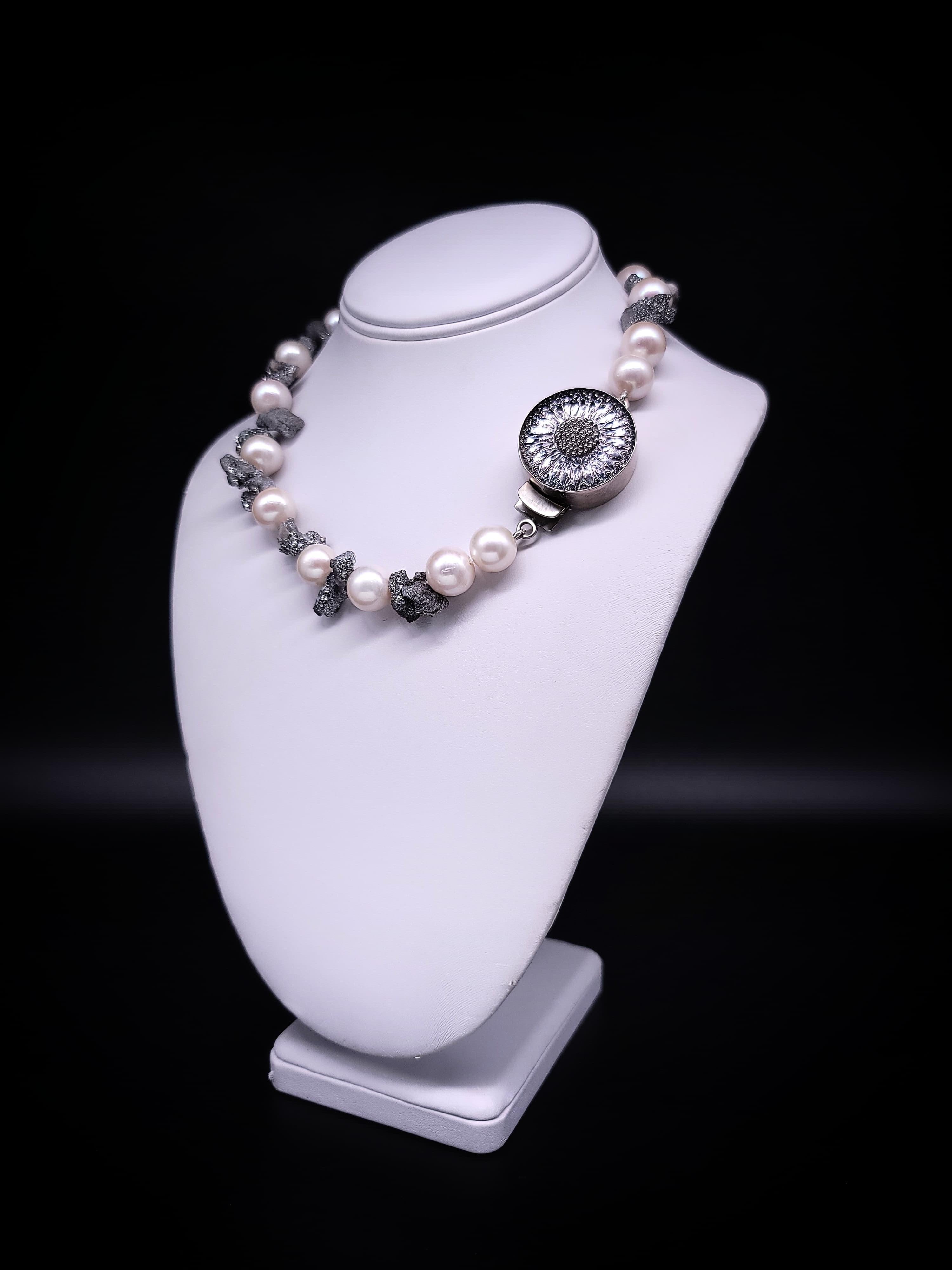 A.Jeschel  Lustrous 14mm pearls and sparkly druzy Quartz necklace. For Sale 2