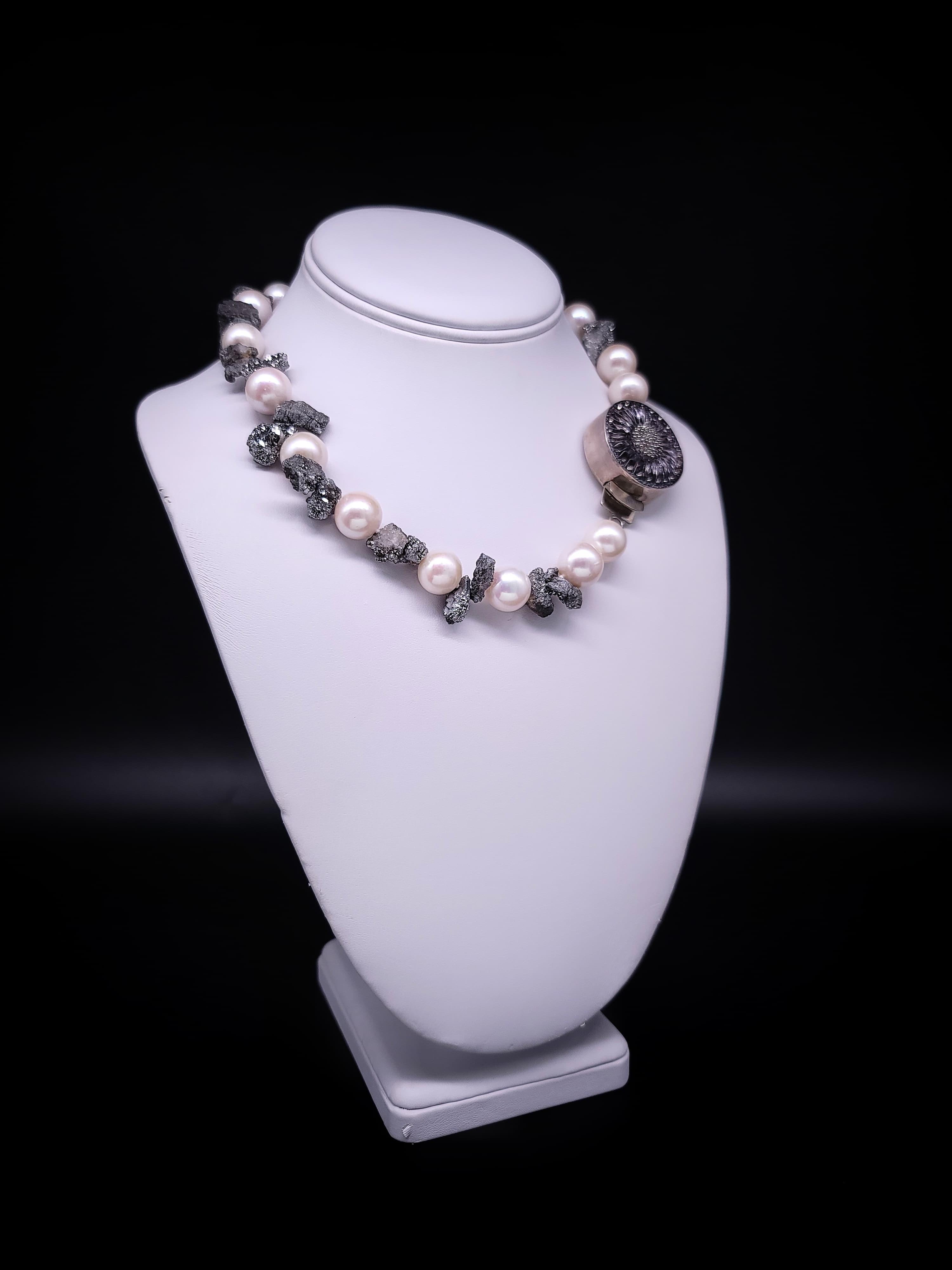 A.Jeschel  Lustrous 14mm pearls and sparkly druzy Quartz necklace. For Sale 3