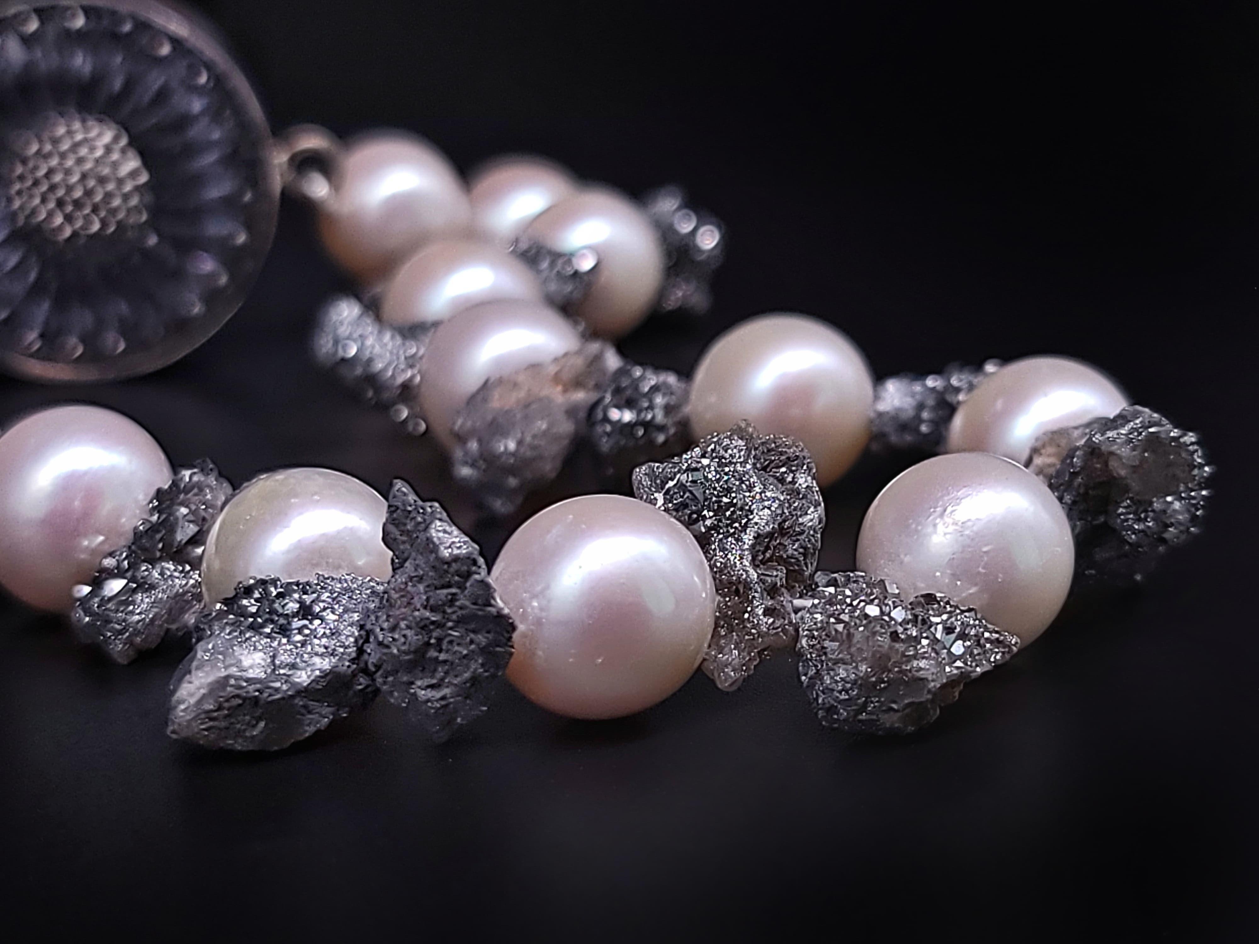 A.Jeschel  Lustrous 14mm pearls and sparkly druzy Quartz necklace. For Sale 10