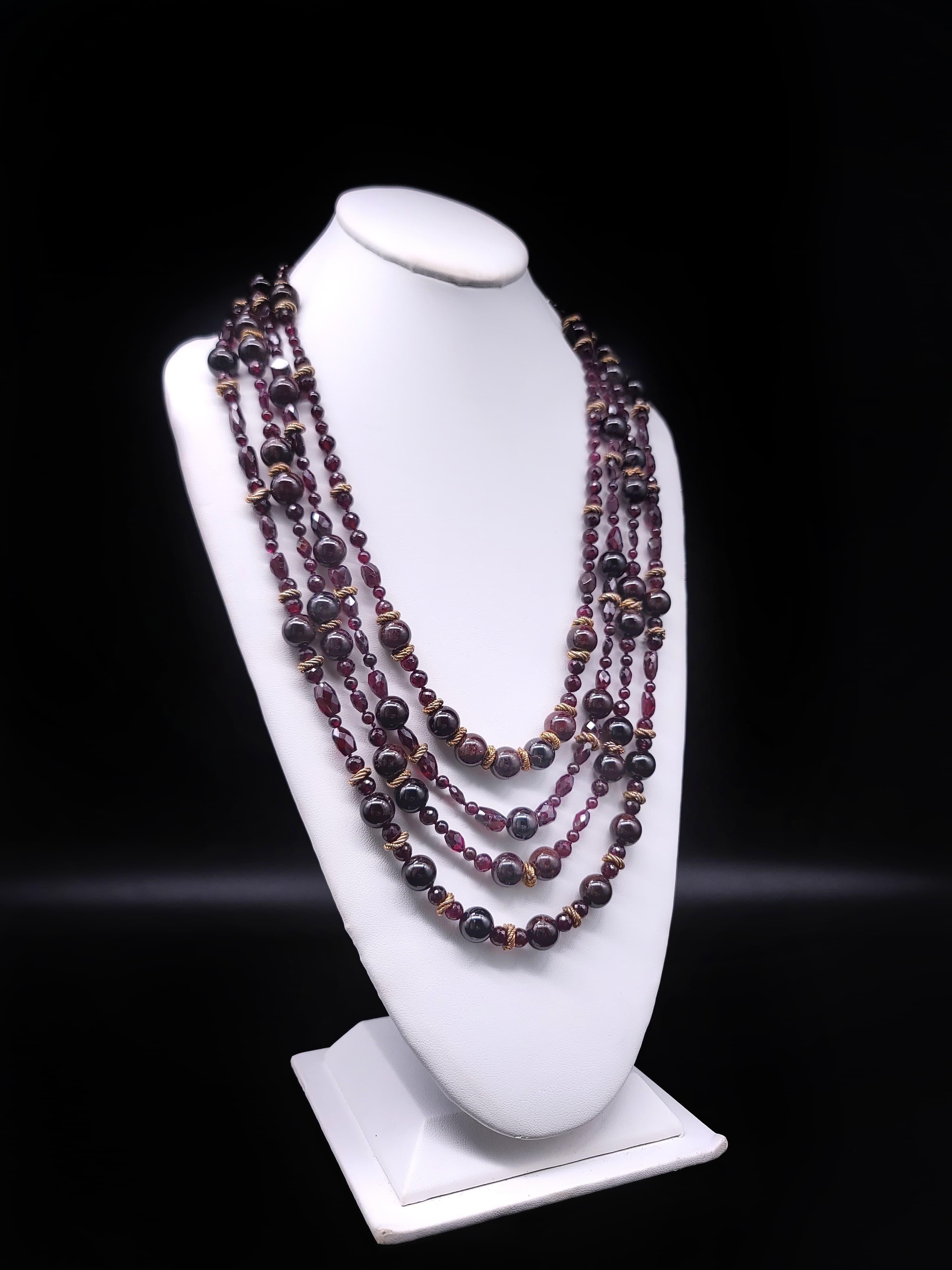 Mixed Cut A.Jeschel 4- strands of richly colored Garnet and vermeil necklace. For Sale