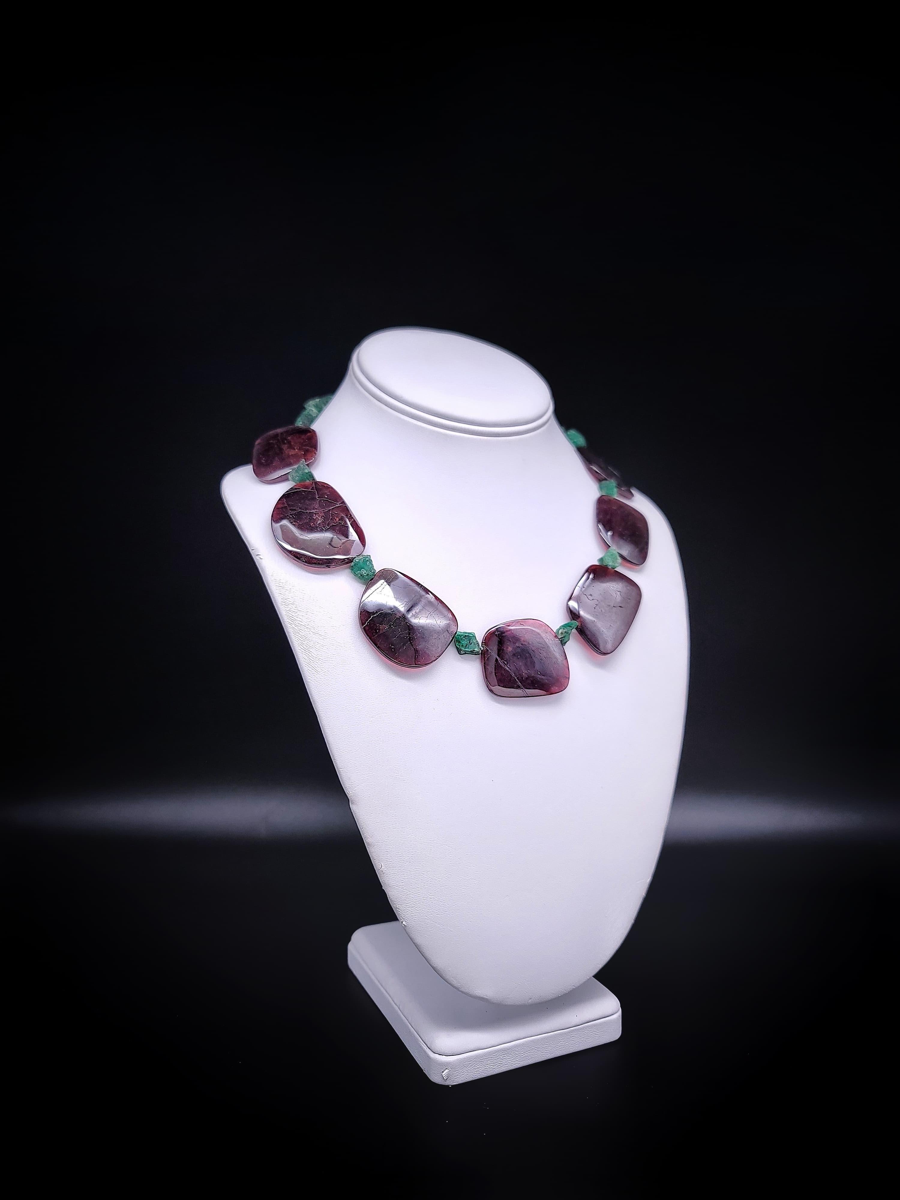 Contemporary A.Jeschel Unique Polished Garnet Necklace separated by Emeralds nuggets For Sale