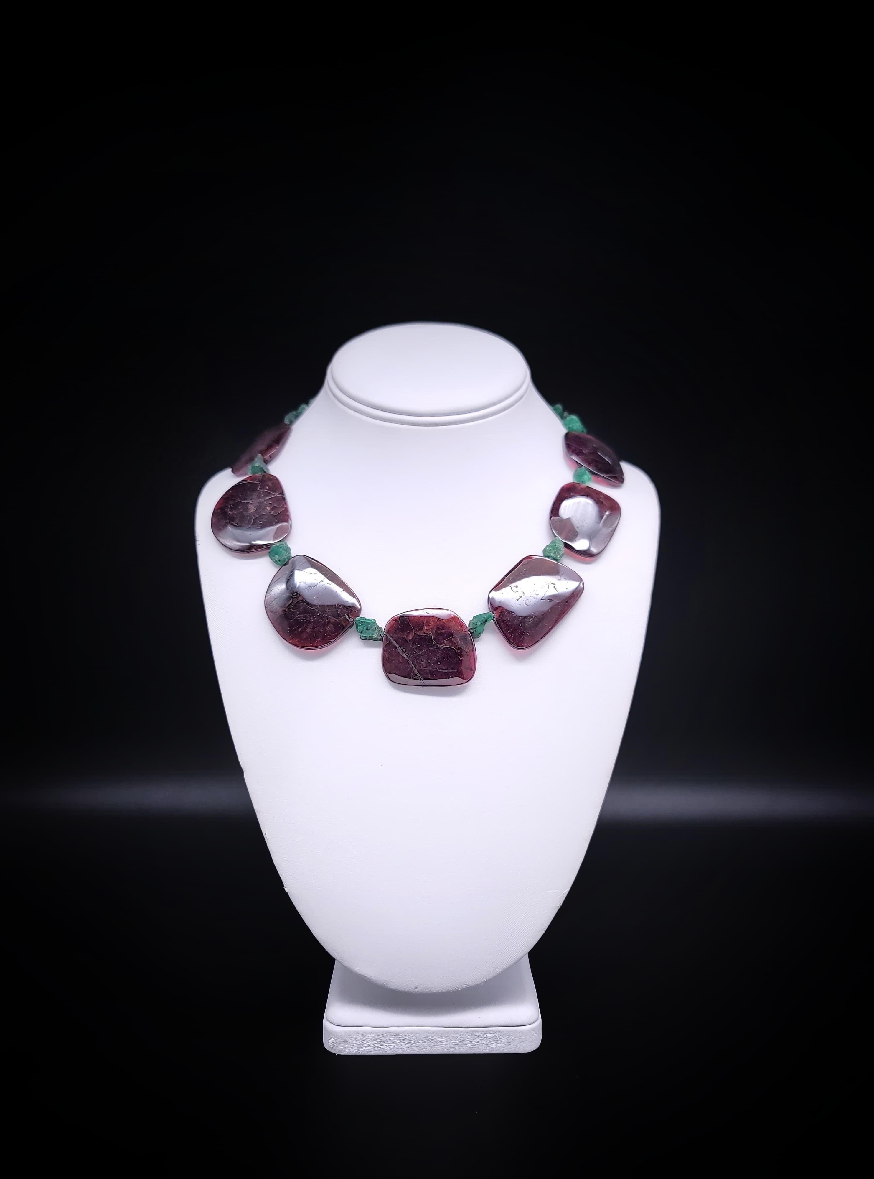 A.Jeschel Unique Polished Garnet Necklace separated by Emeralds nuggets For Sale 6