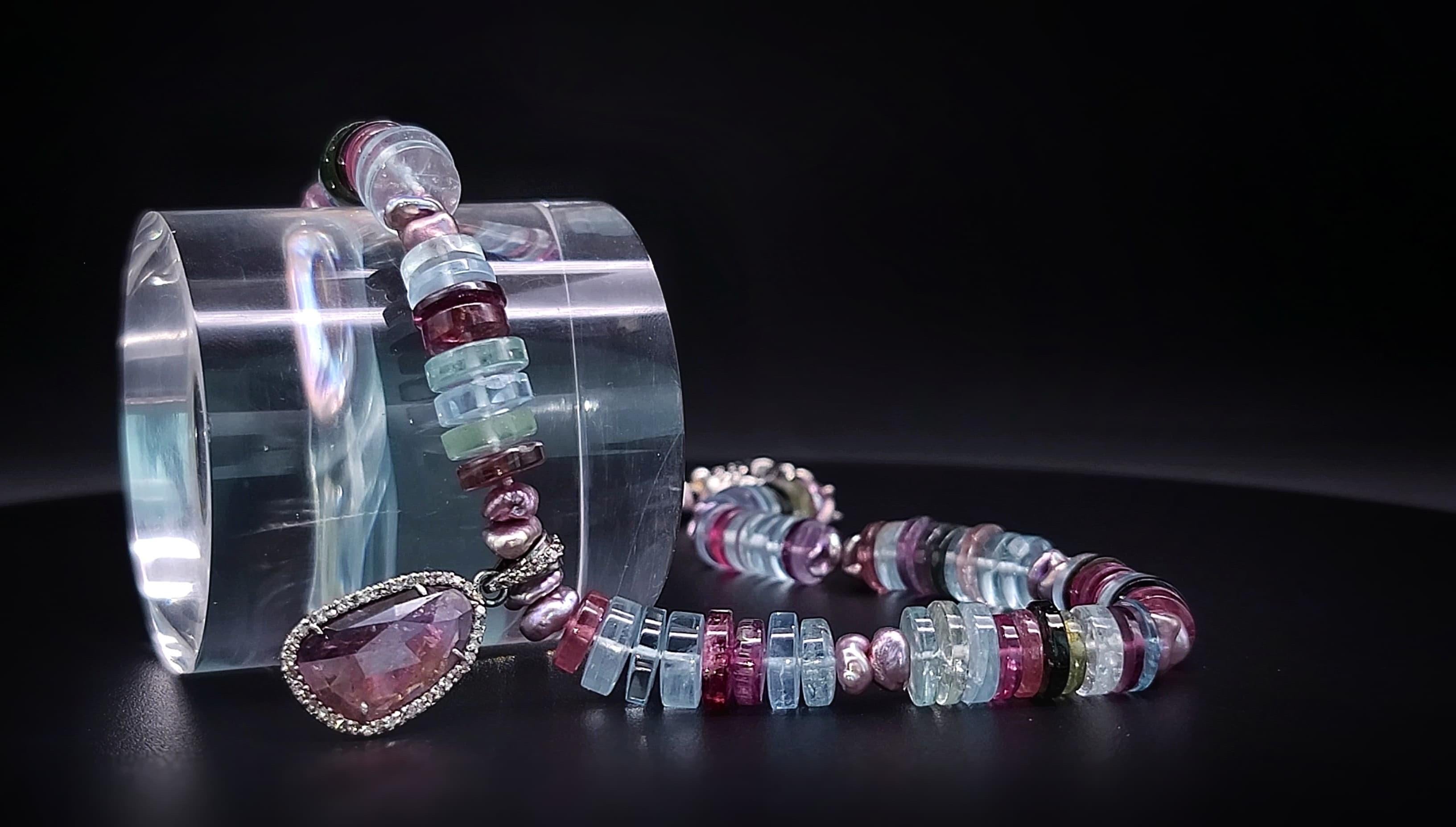 A.Jeschel Tourmaline and Aquamarine cleverly merge in a gentle ladylike necklace In New Condition In Miami, FL