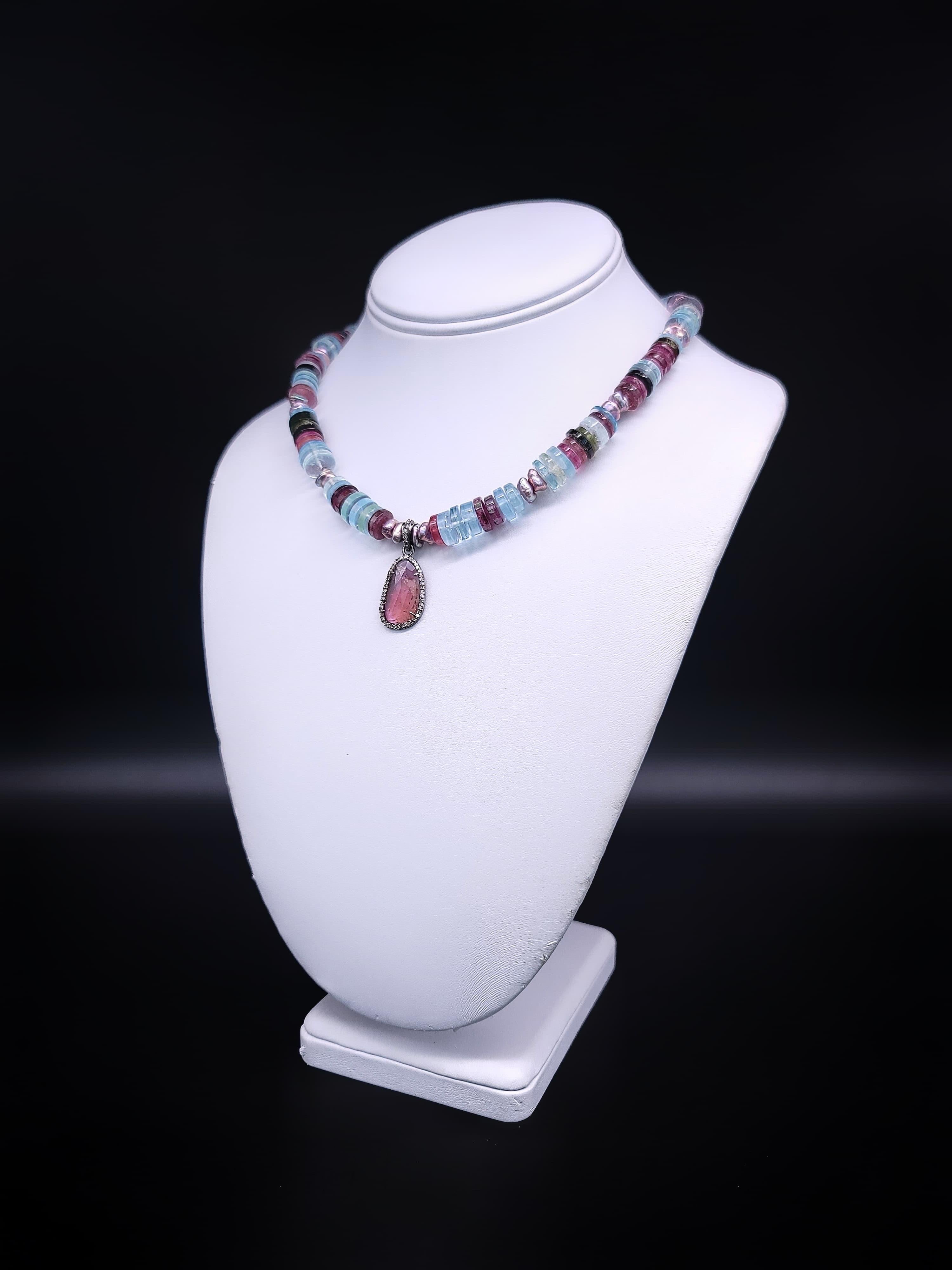 Mixed Cut A.Jeschel Tourmaline and Aquamarine cleverly merge in a gentle ladylike necklace