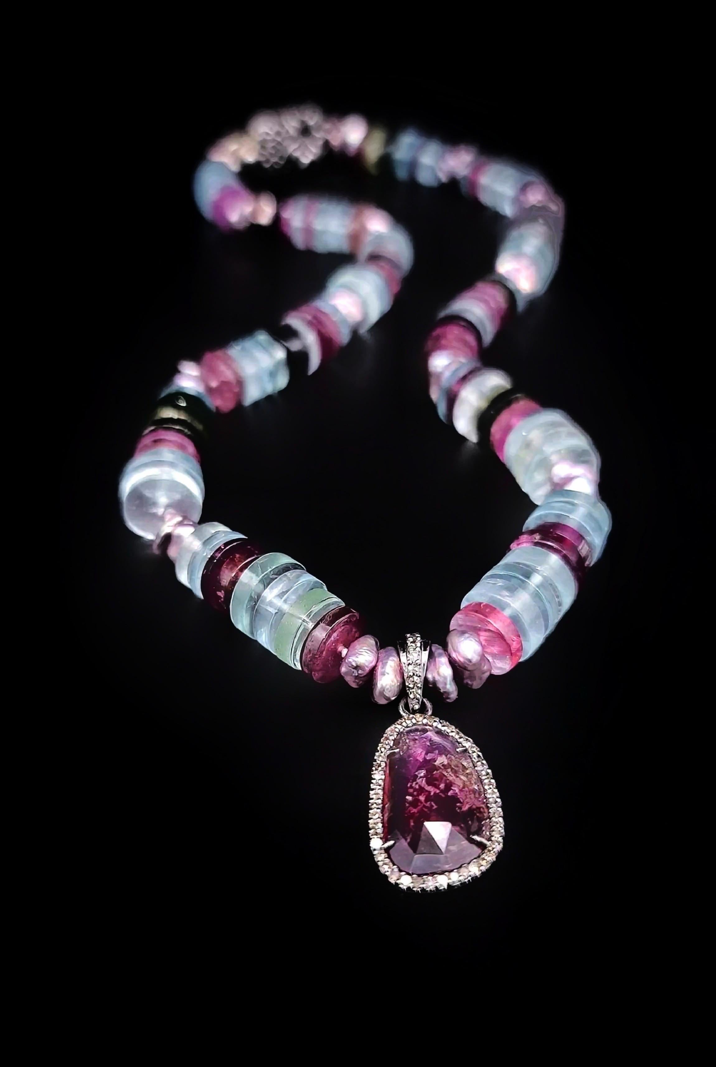 Women's or Men's A.Jeschel Tourmaline and Aquamarine cleverly merge in a gentle ladylike necklace