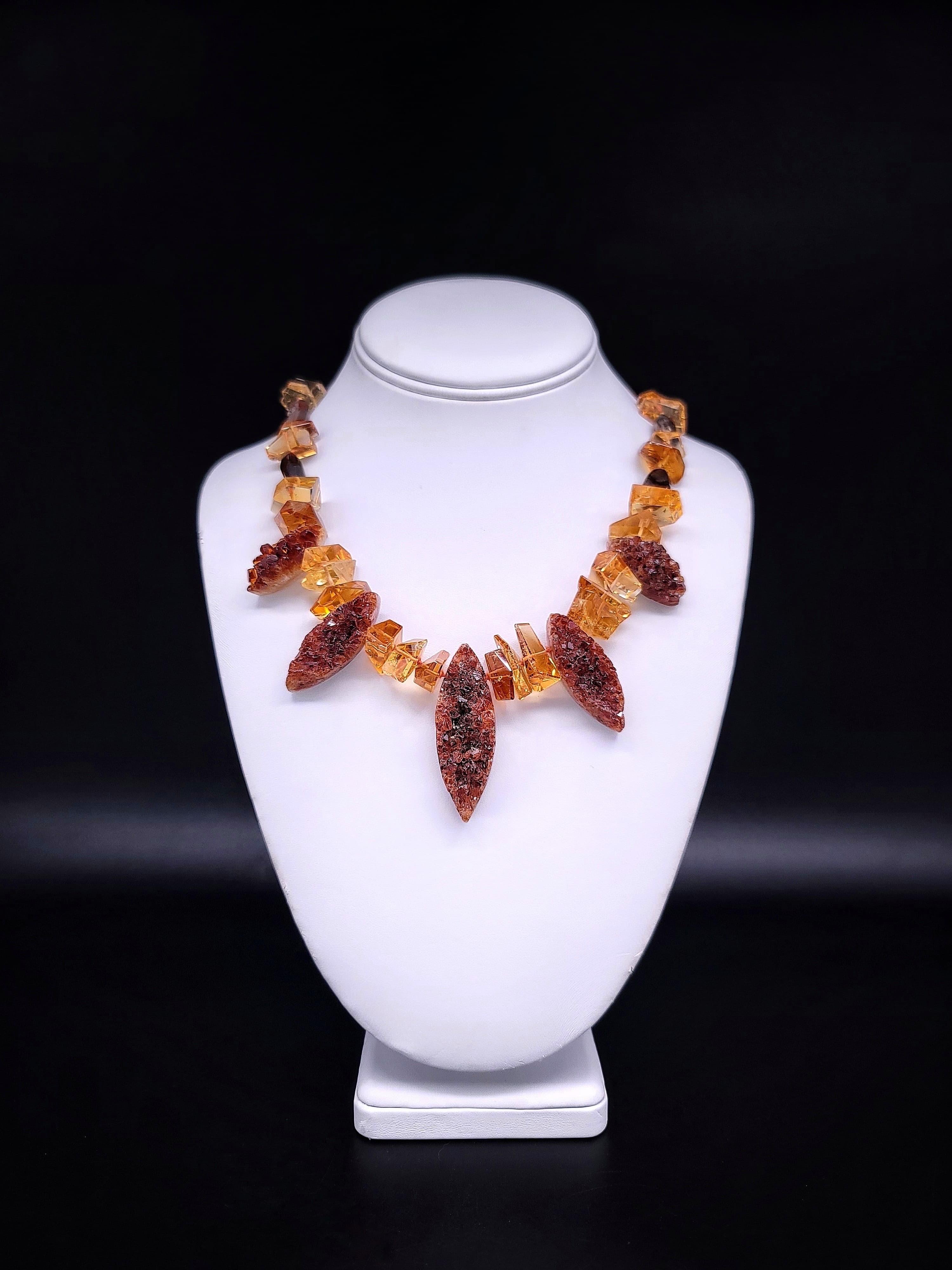 One-of-a-Kind
Rich golden polished and cut citrines mixed with Topaz brown geodes with polished backs and heavily granulated arrowheads. 
Spaced with Topaz polished bean-shaped beads. A vermeil (22 karat gold over Sterling Silver) box clasp with a