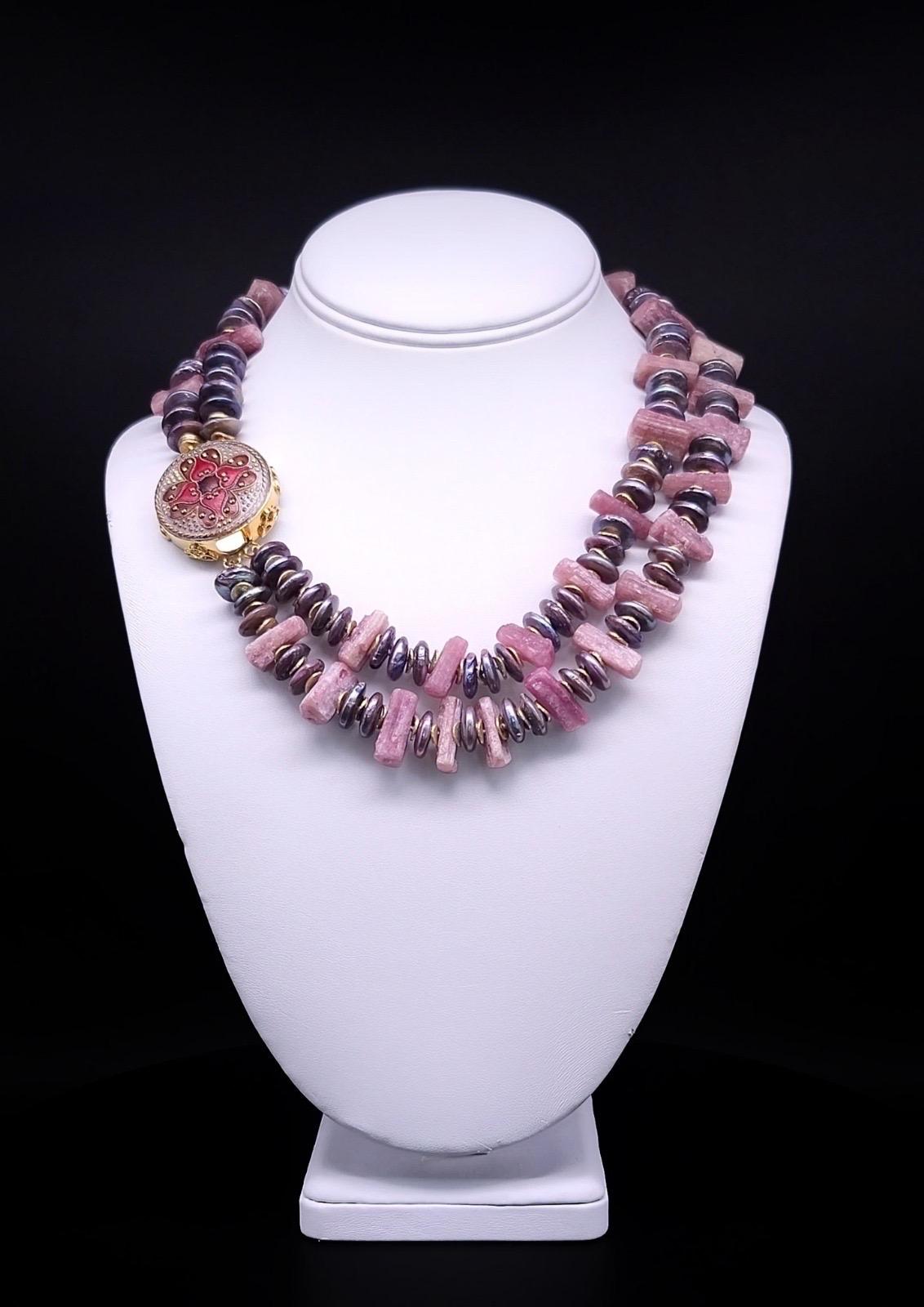 Mixed Cut A.Jeschel 2 strand Tourmaline and Pearl necklace. For Sale