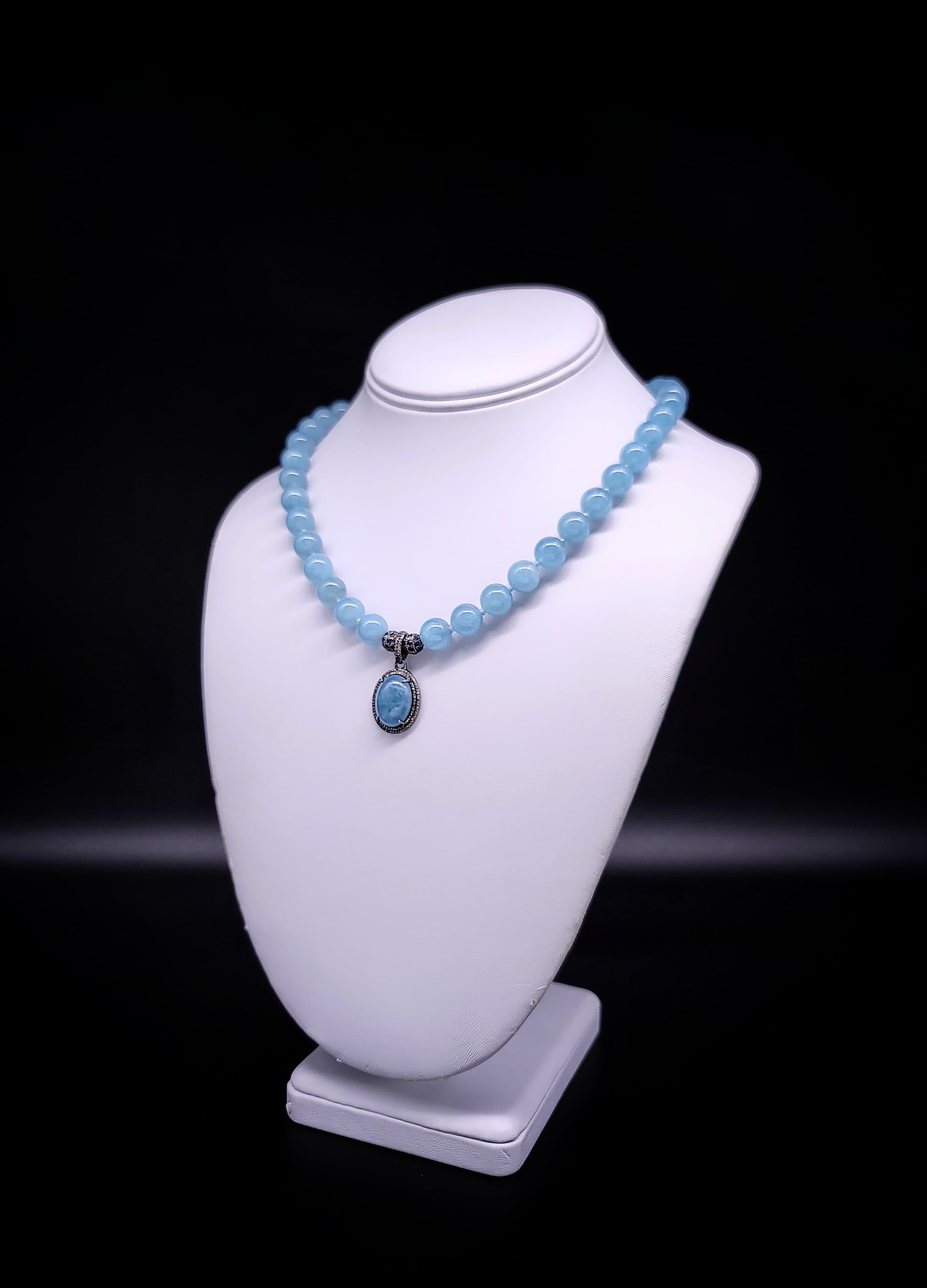 Bead A.Jeschel Rich blue Aquamarine and Diamond Pendant necklace For Sale