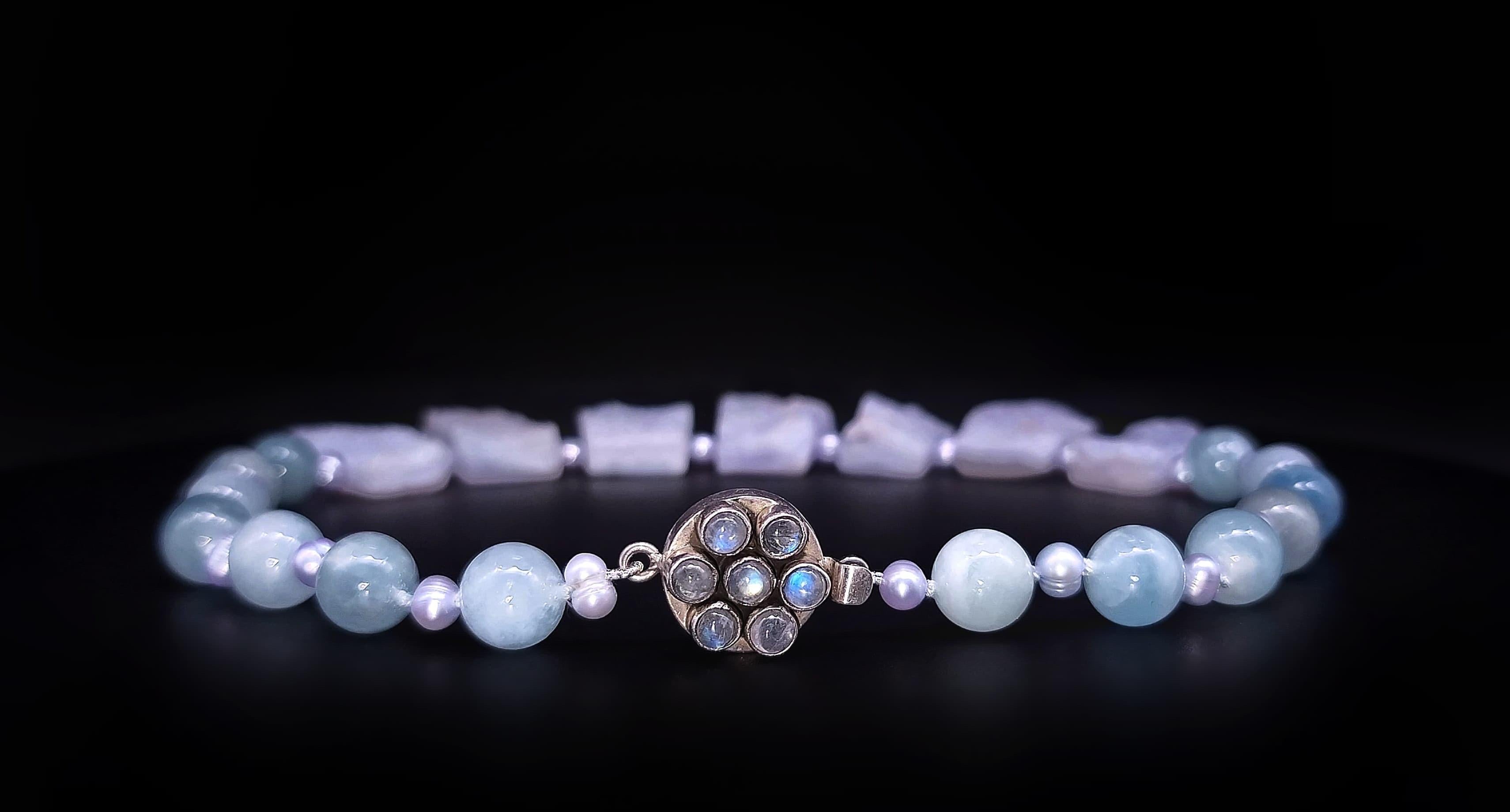 Contemporary A.Jeschel Rough Cut Aquamarine and freshawater Pearl Necklace. For Sale