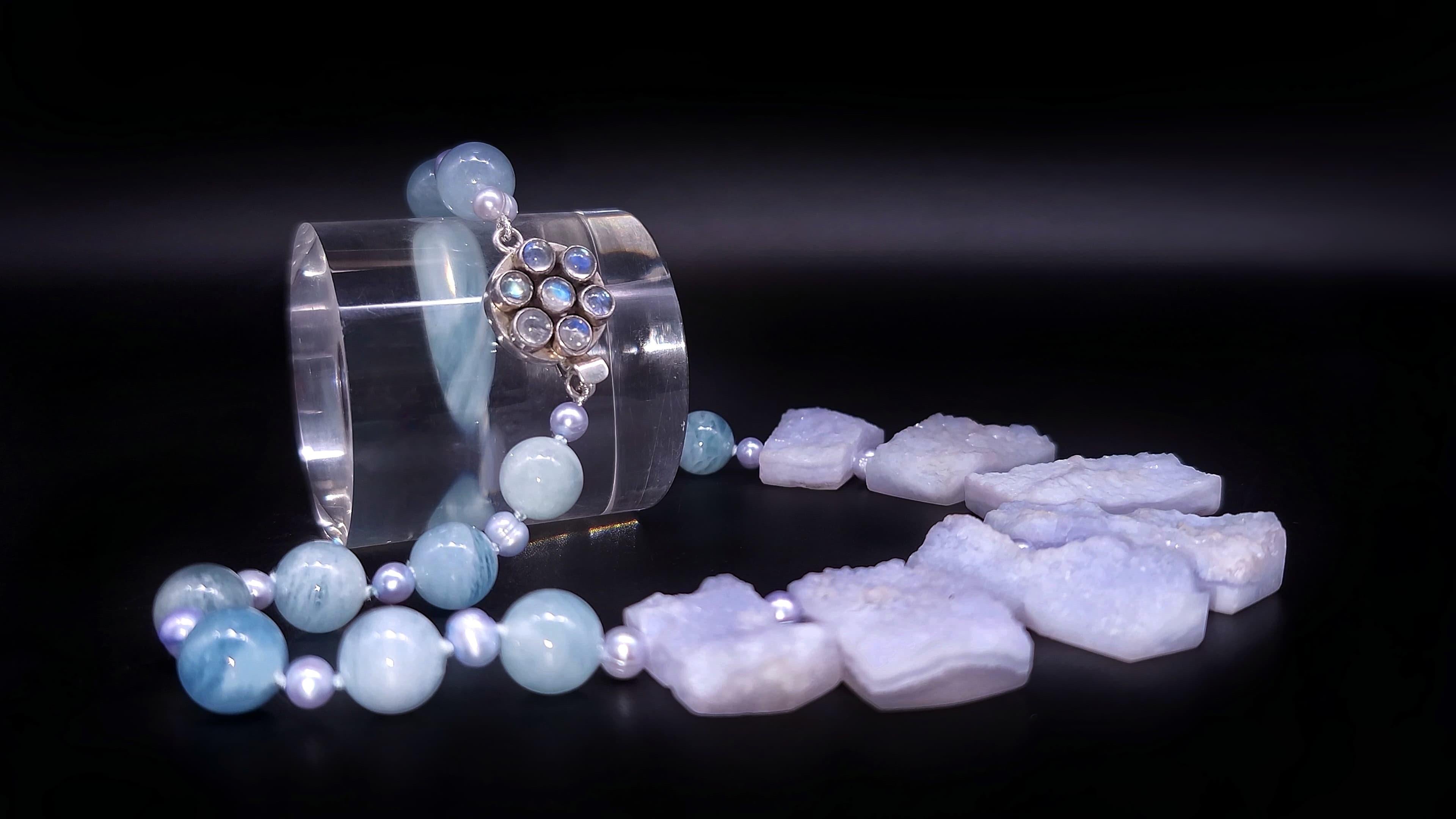 A.Jeschel Rough Cut Aquamarine and freshawater Pearl Necklace. For Sale 3